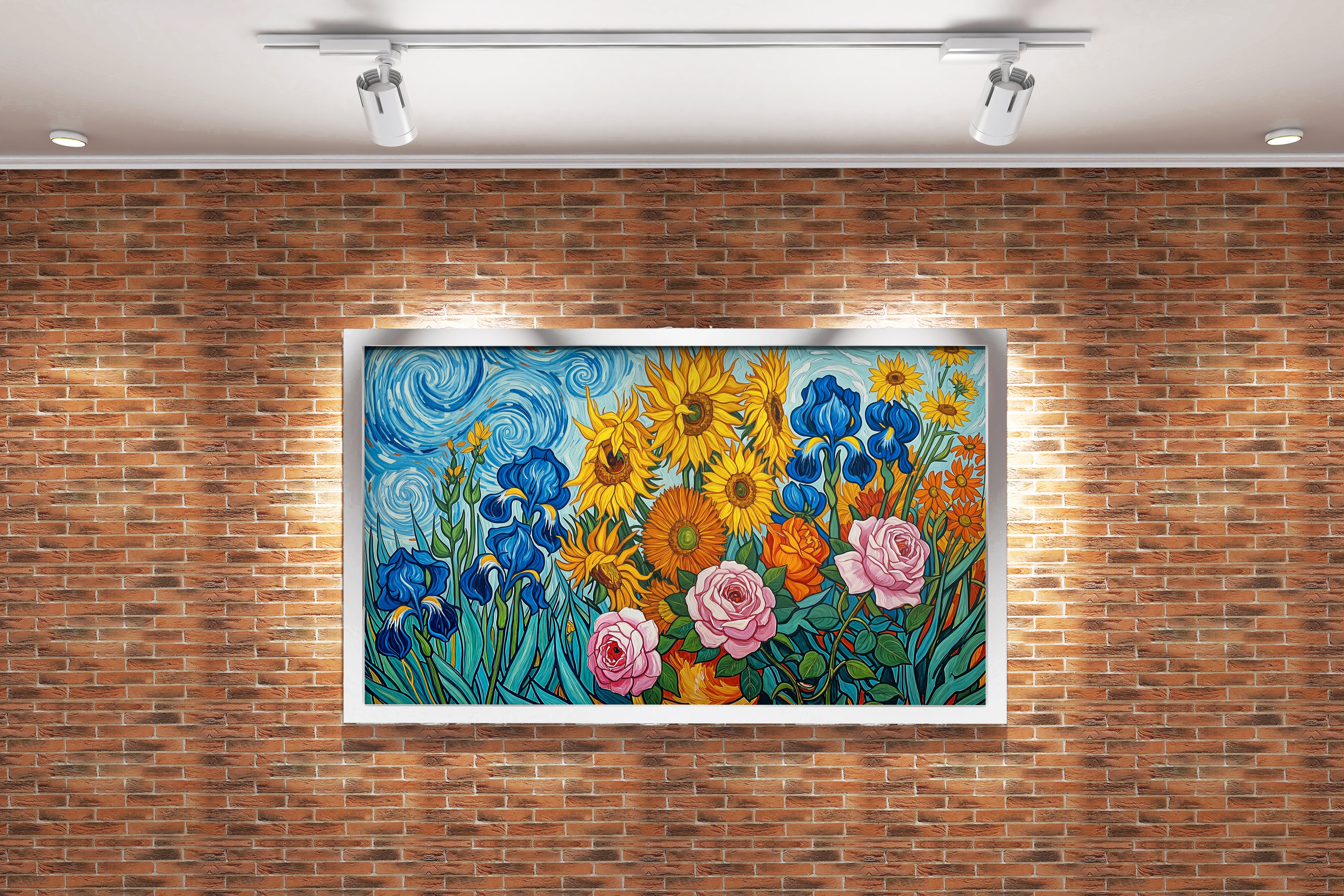 flower motif, sunflower/roses/irises in van gogh style, art, kanvas tablo