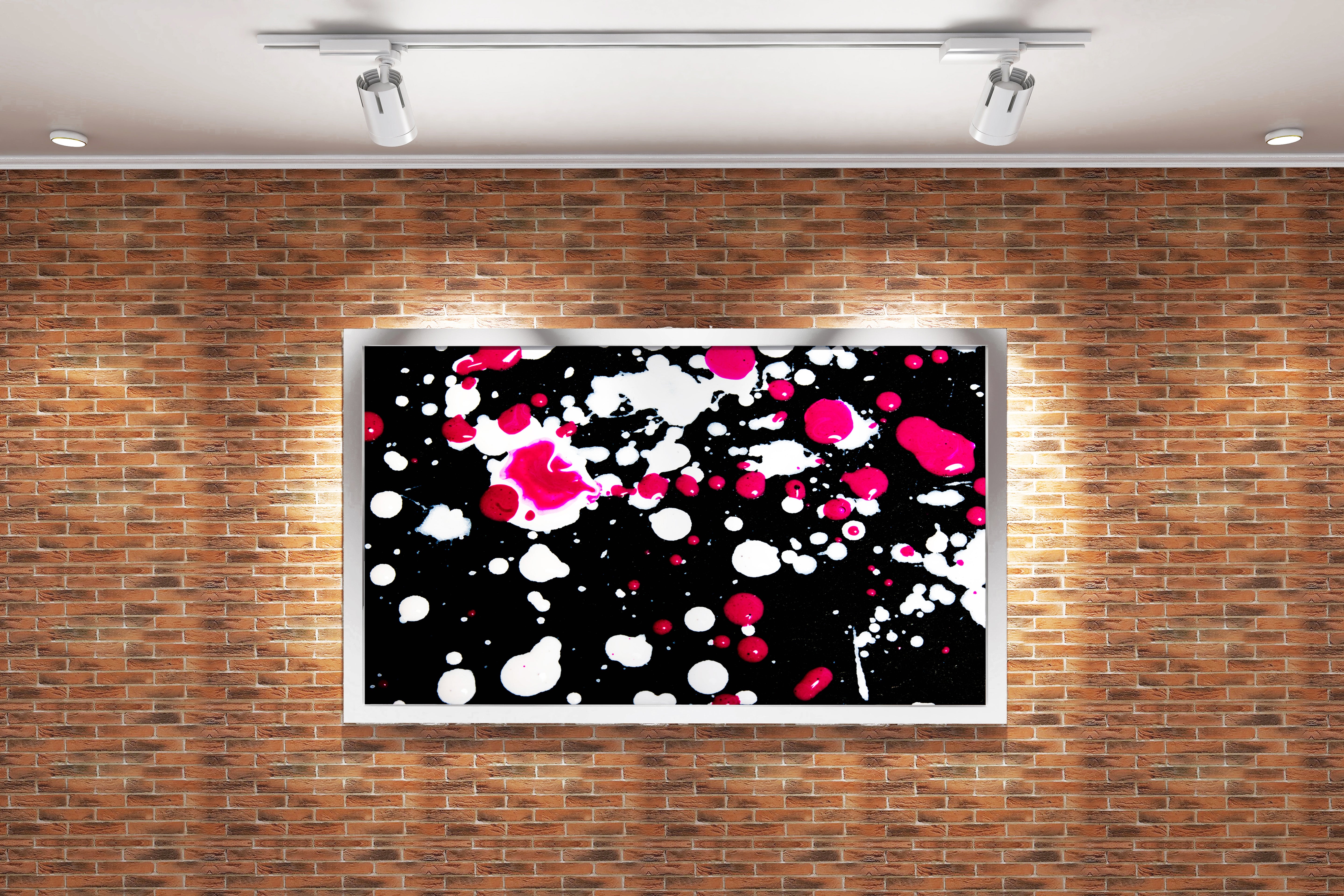 expressive action painting with vibrant pink and white splatters on a black canvas, abstract, art, kanvas tablo