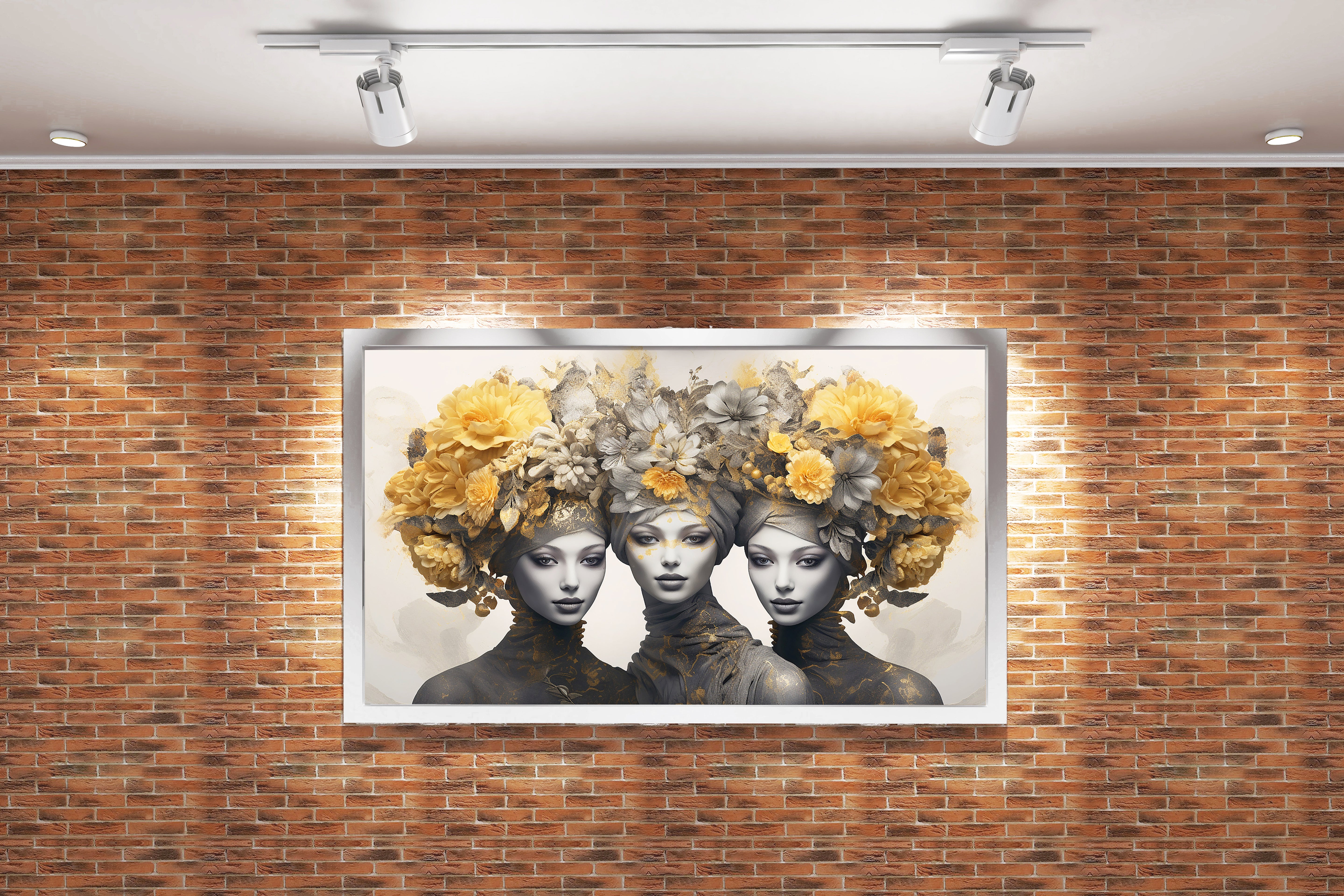 three elegant women with elaborate headdresses of yellow and grey flowers, flower motif, art, kanvas tablo
