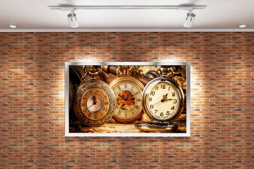 a still life of ornate, vintage pocket watches on an old world map, art, kanvas tablo