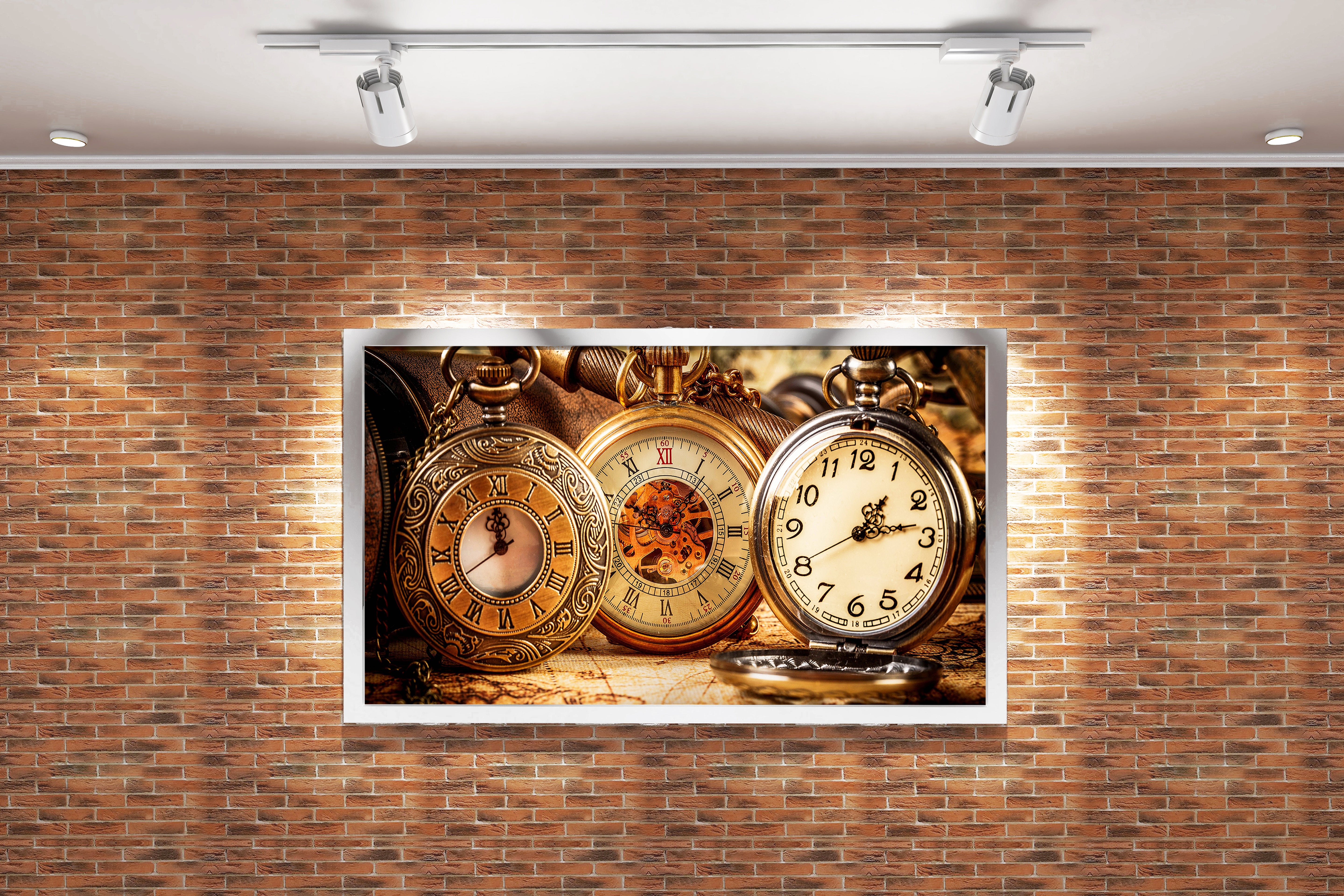 a still life of ornate, vintage pocket watches on an old world map, art, kanvas tablo