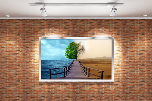 a pier to a split tree, one side lush ocean, one side barren desert, view, art, kanvas tablo