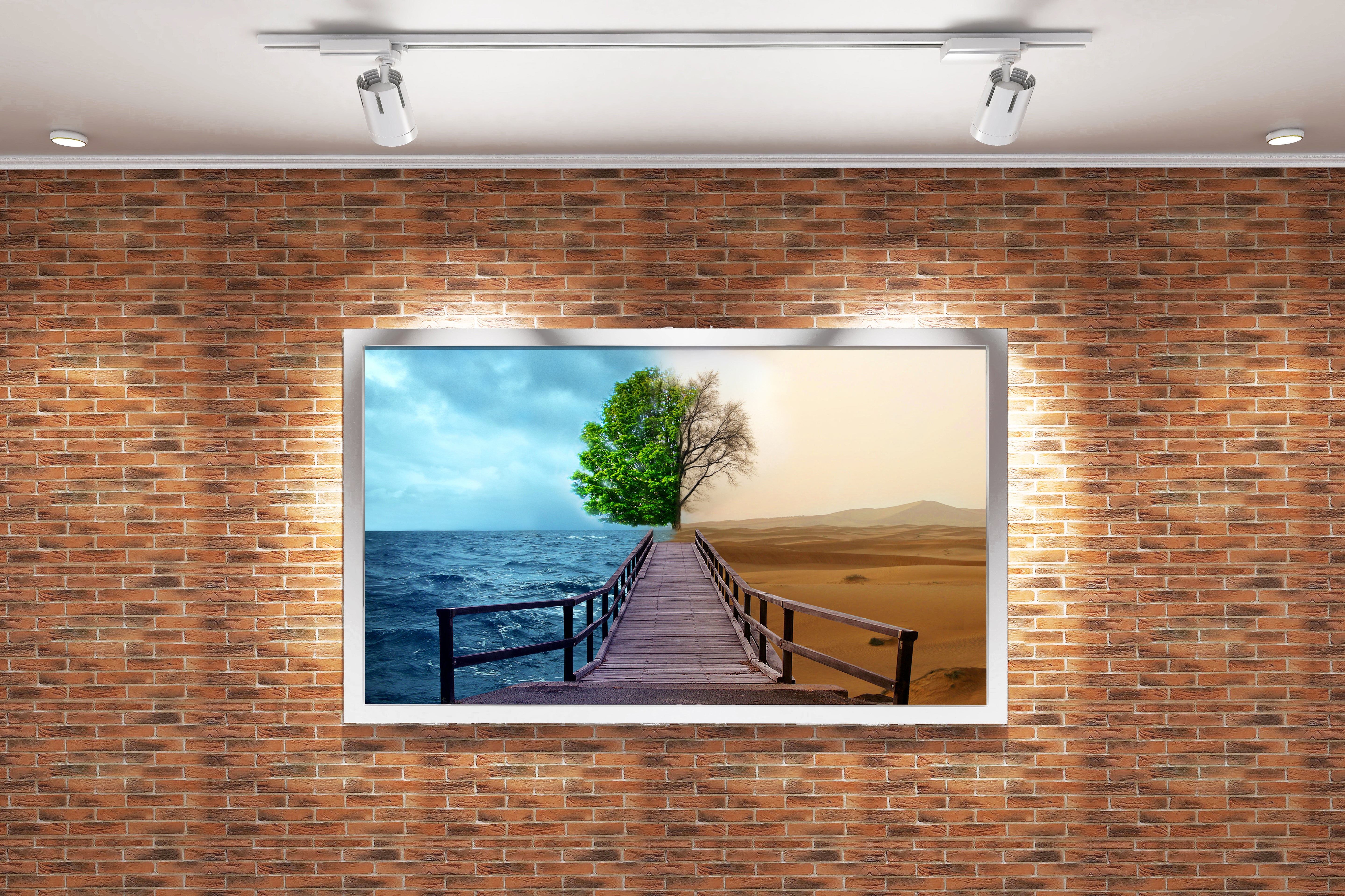 a pier to a split tree, one side lush ocean, one side barren desert, view, art, kanvas tablo