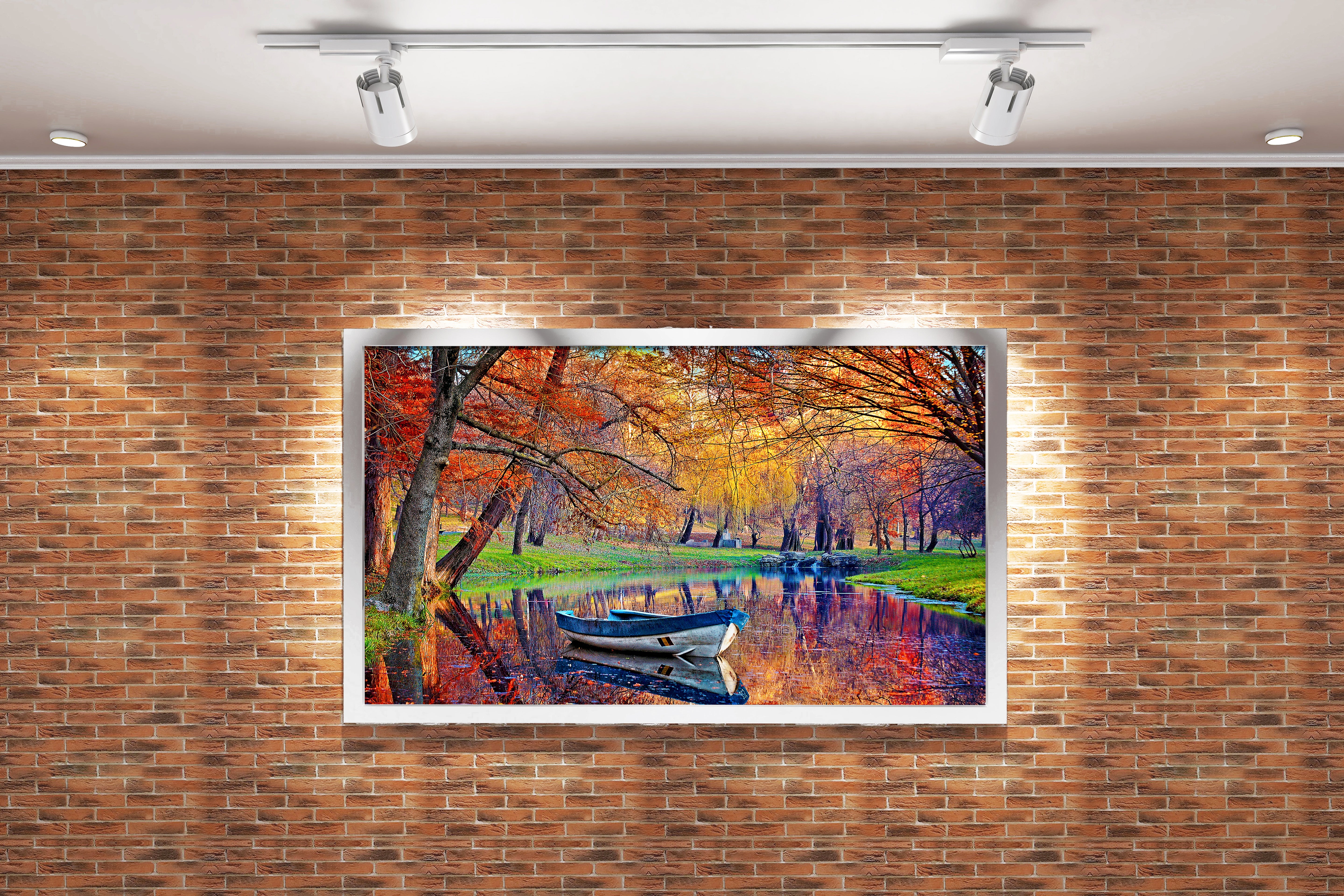 a small boat on a calm river reflecting vibrant autumn colored trees, view, art, kanvas tablo