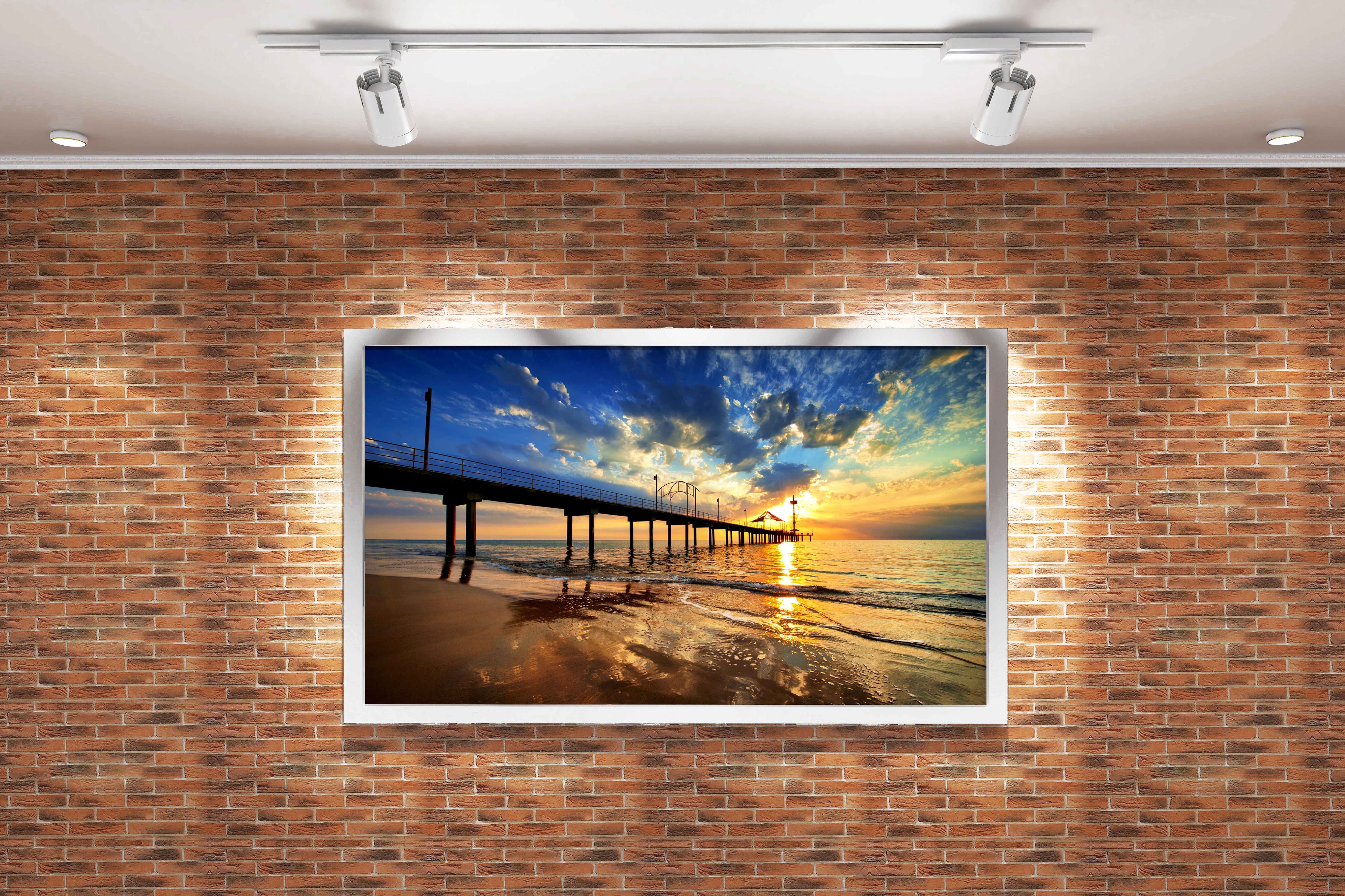a pier on a beach under a dramatic sunset with golden reflections, view, art, kanvas tablo