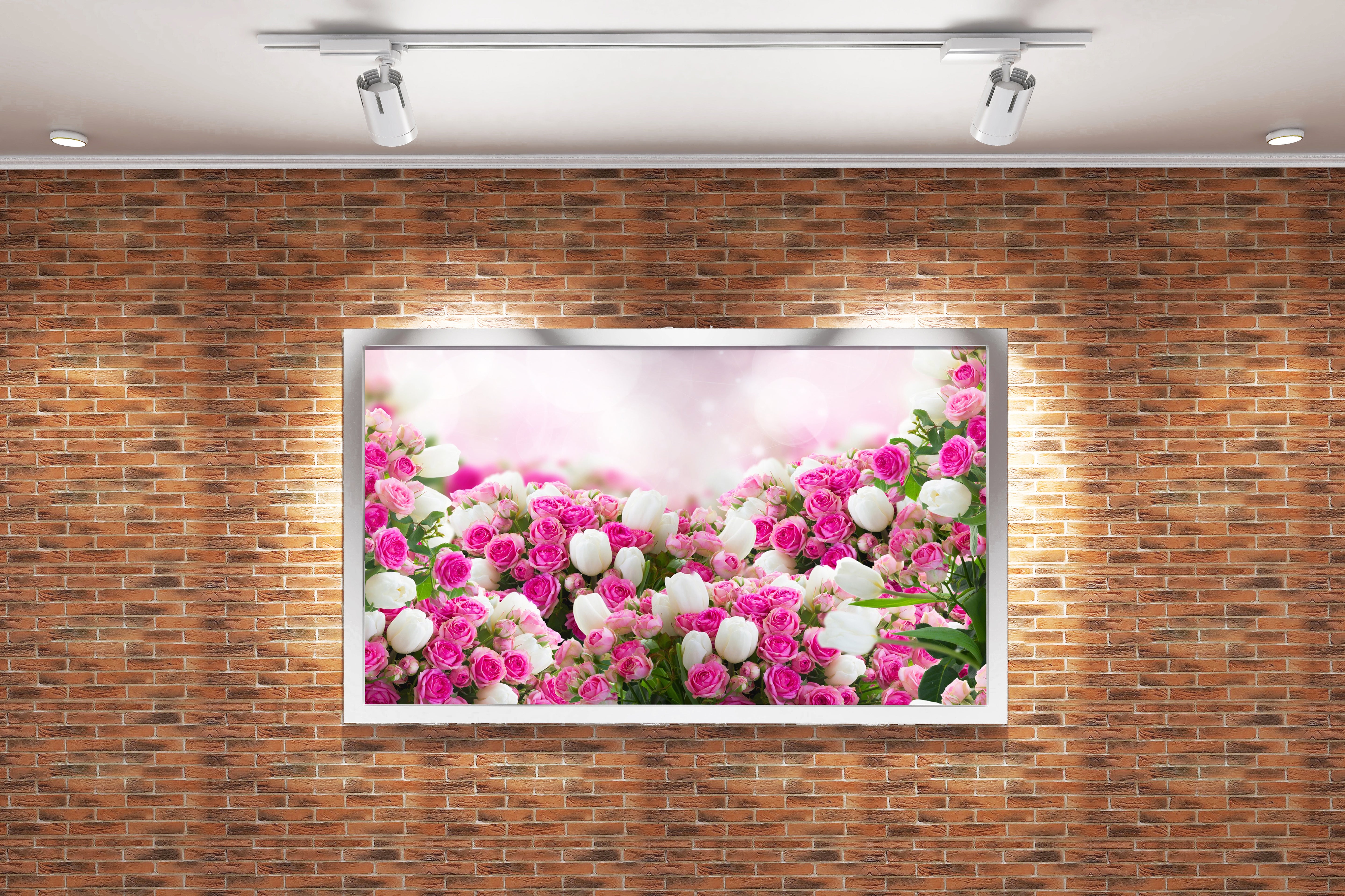 a lush bed of pink roses and white tulips on a sparkling bokeh background, flower motif, art, kanvas tablo