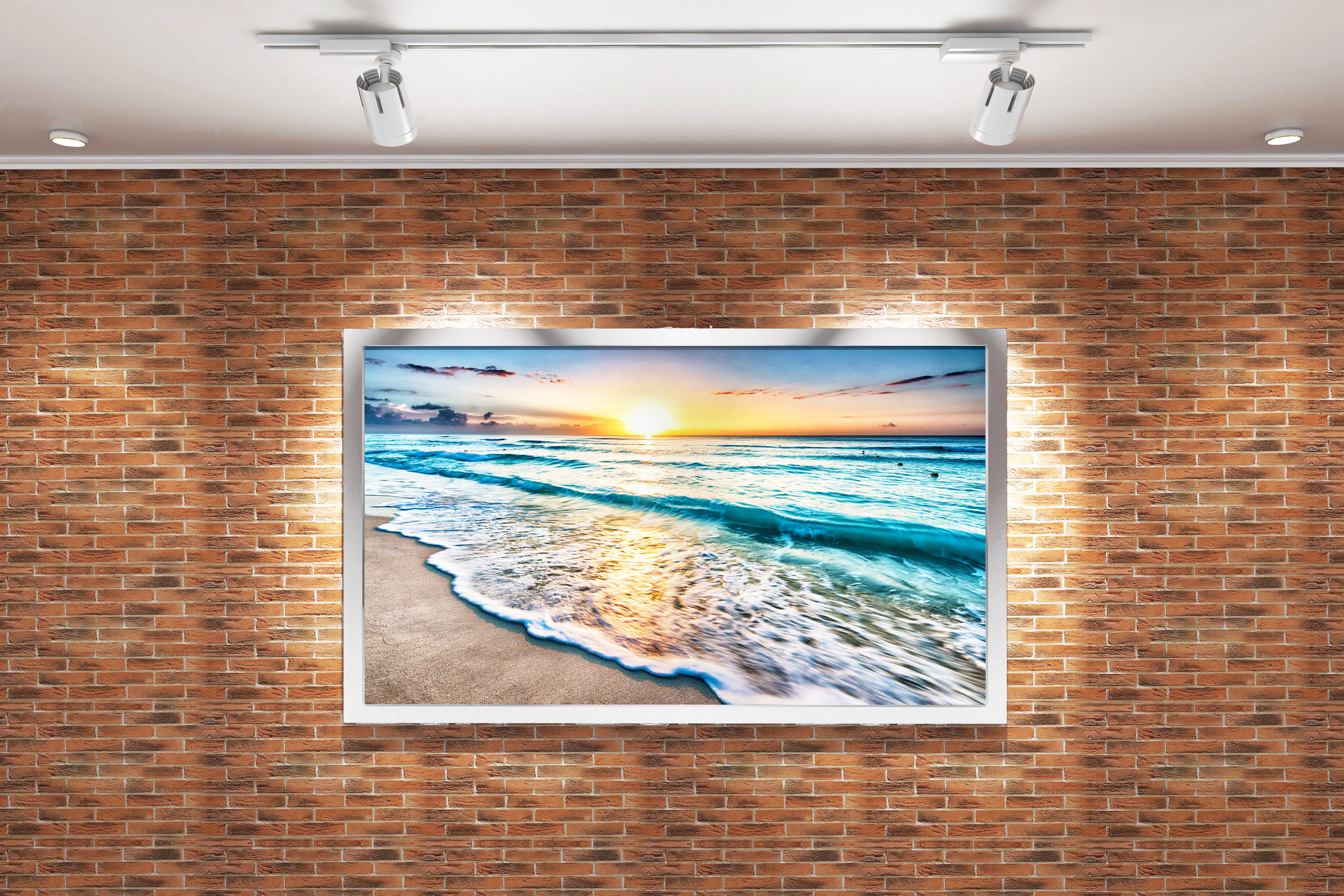 a serene beach at sunrise with turquoise waves and a golden sun reflection, view, art, kanvas tablo
