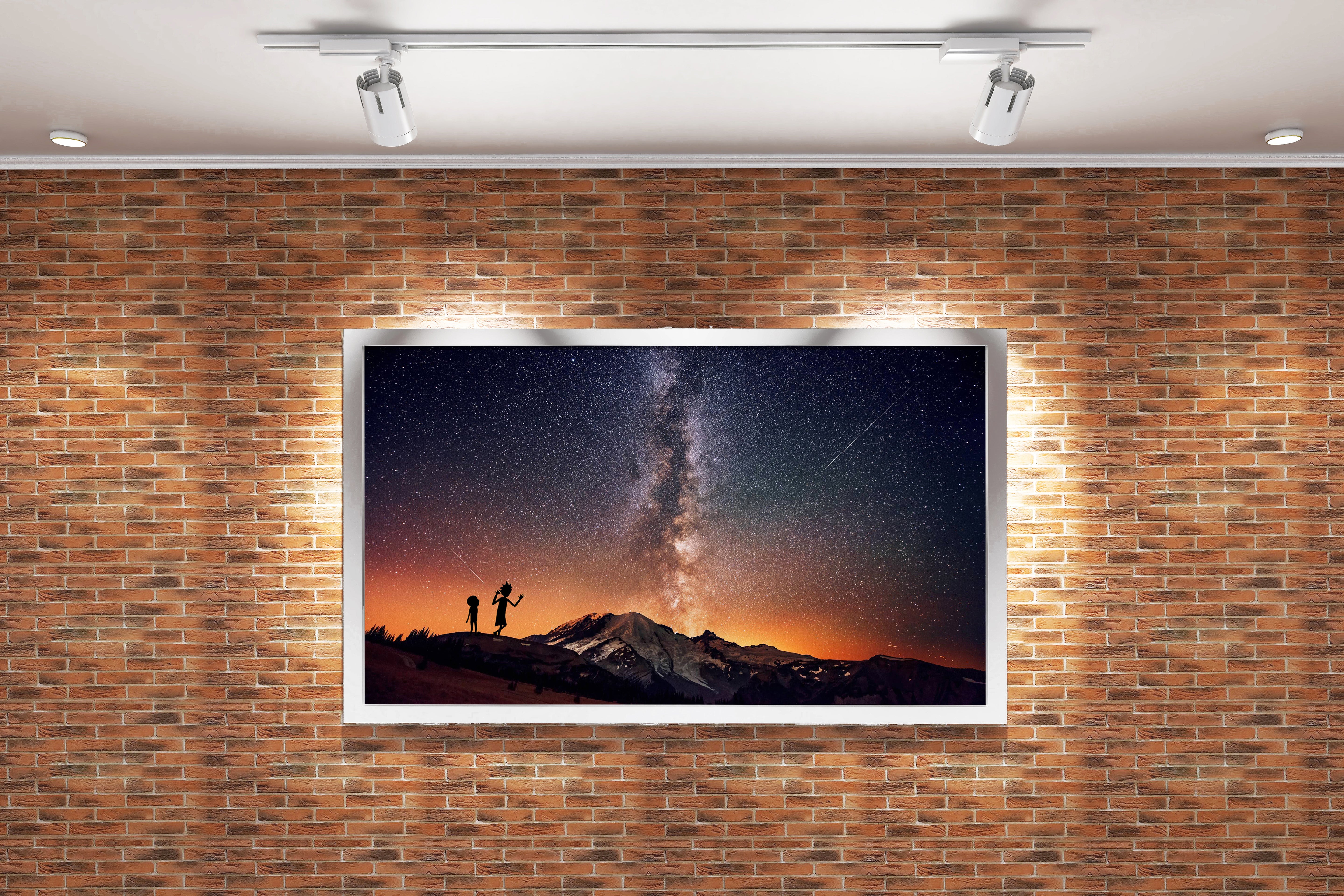 rick and morty as silhouettes watching the milky way over a mountain, anime, art, kanvas tablo