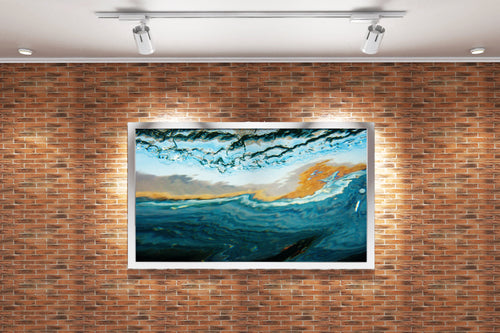 an abstract underwater photo looking up at the surface and a colorful sky, view, art, kanvas tablo
