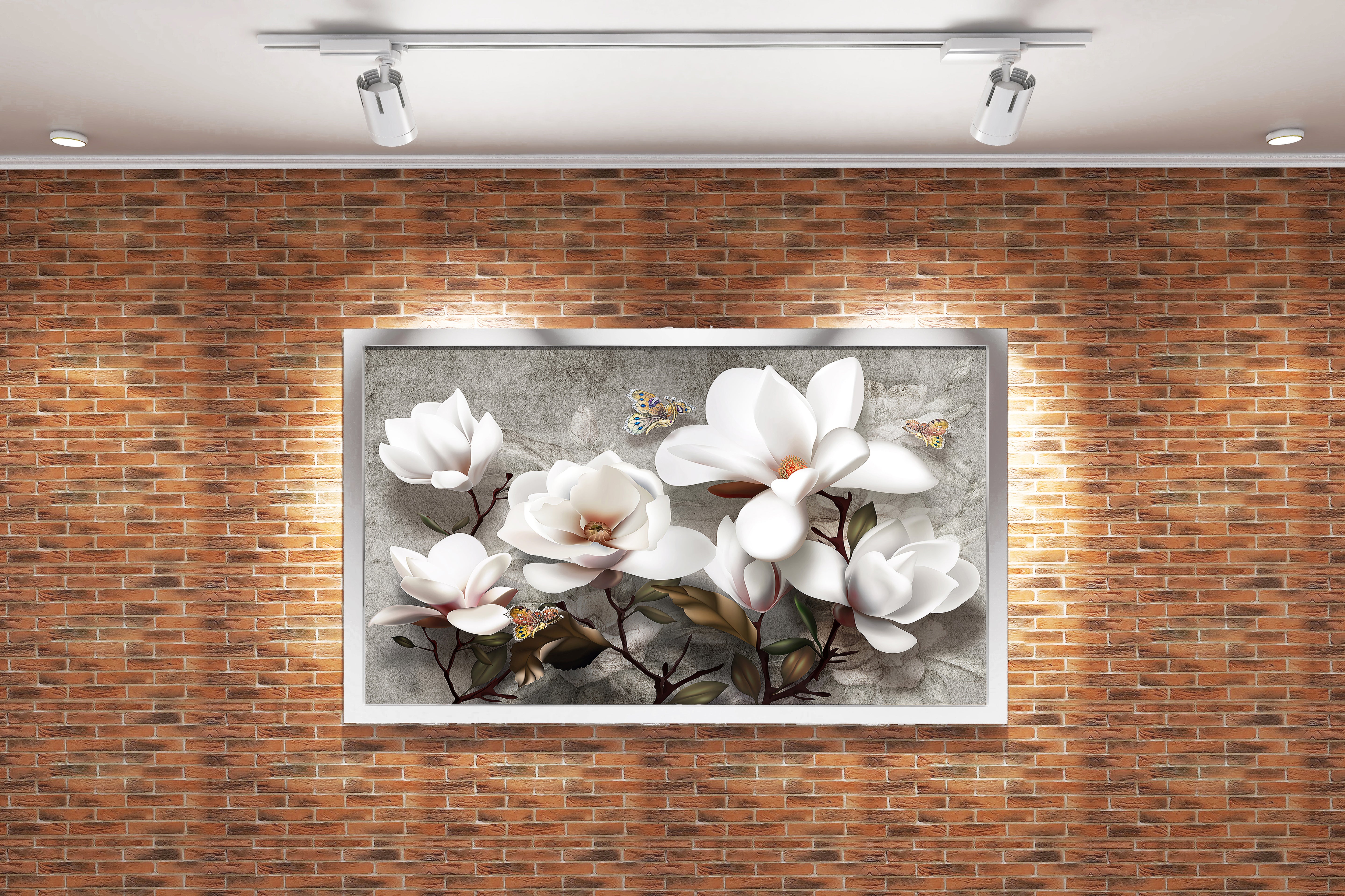 a 3d render of white magnolias and butterflies on a grey textured concrete wall, flower motif, art, kanvas tablo