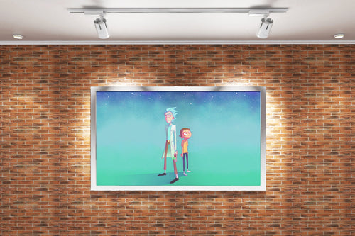 rick and morty standing together under a beautiful, serene starry night sky, anime, art, kanvas tablo