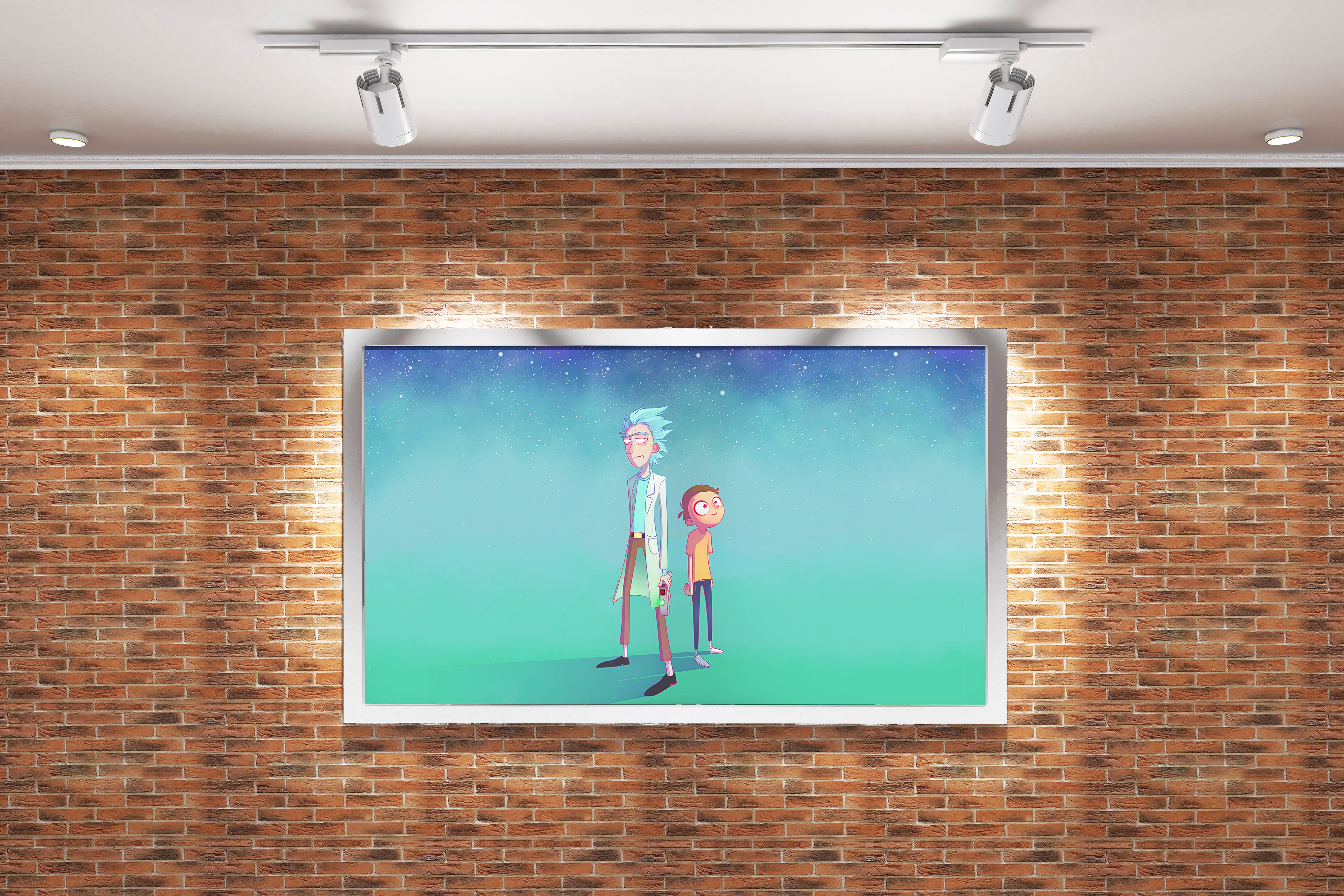 rick and morty standing together under a beautiful, serene starry night sky, anime, art, kanvas tablo