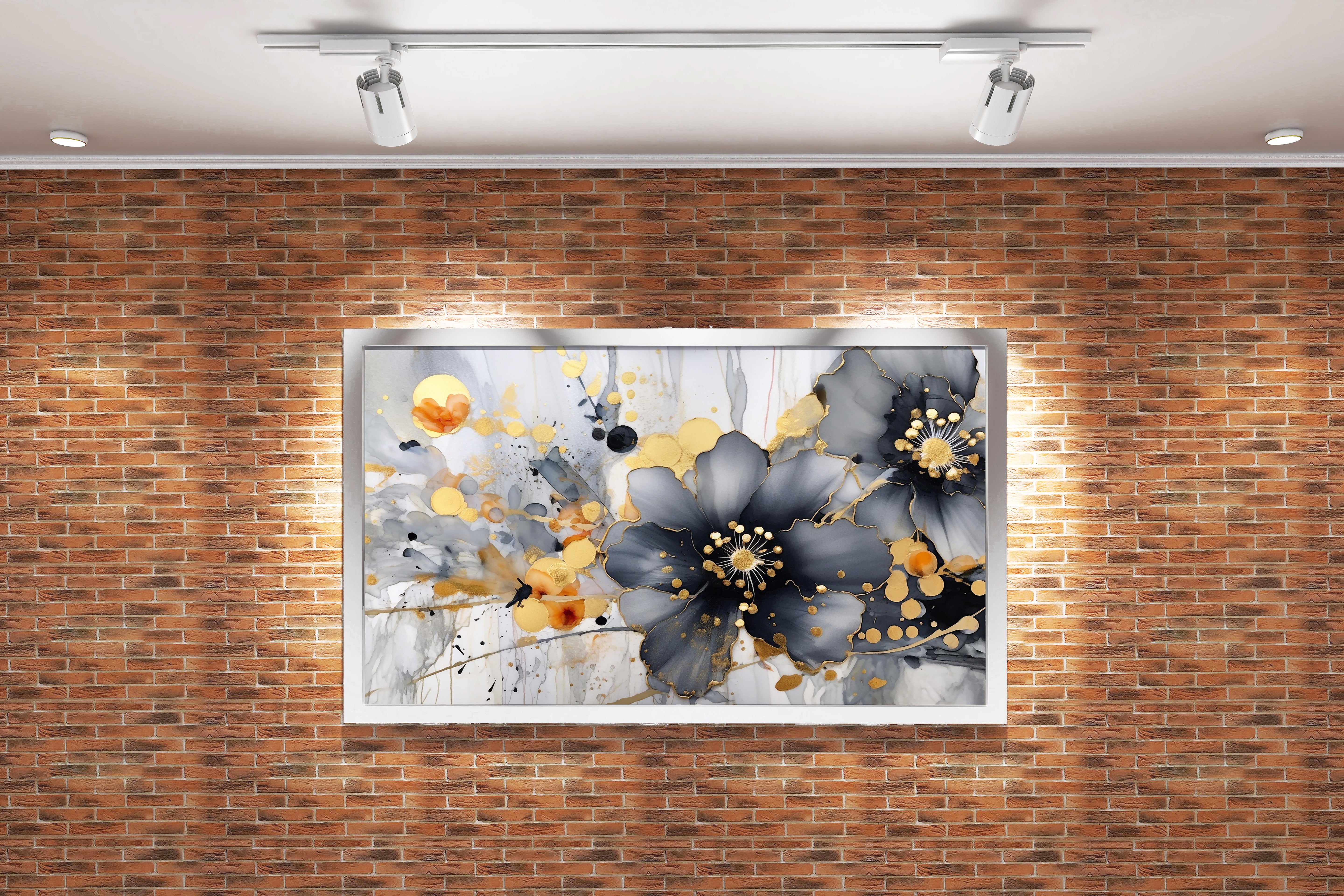 an elegant alcohol ink painting of grey flowers with gold leaf details, flower motif, art, kanvas tablo