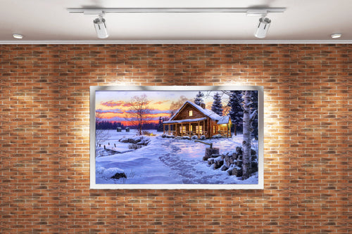 footprints in the snow lead to a cozy cabin glowing at sunset, view, art, kanvas tablo