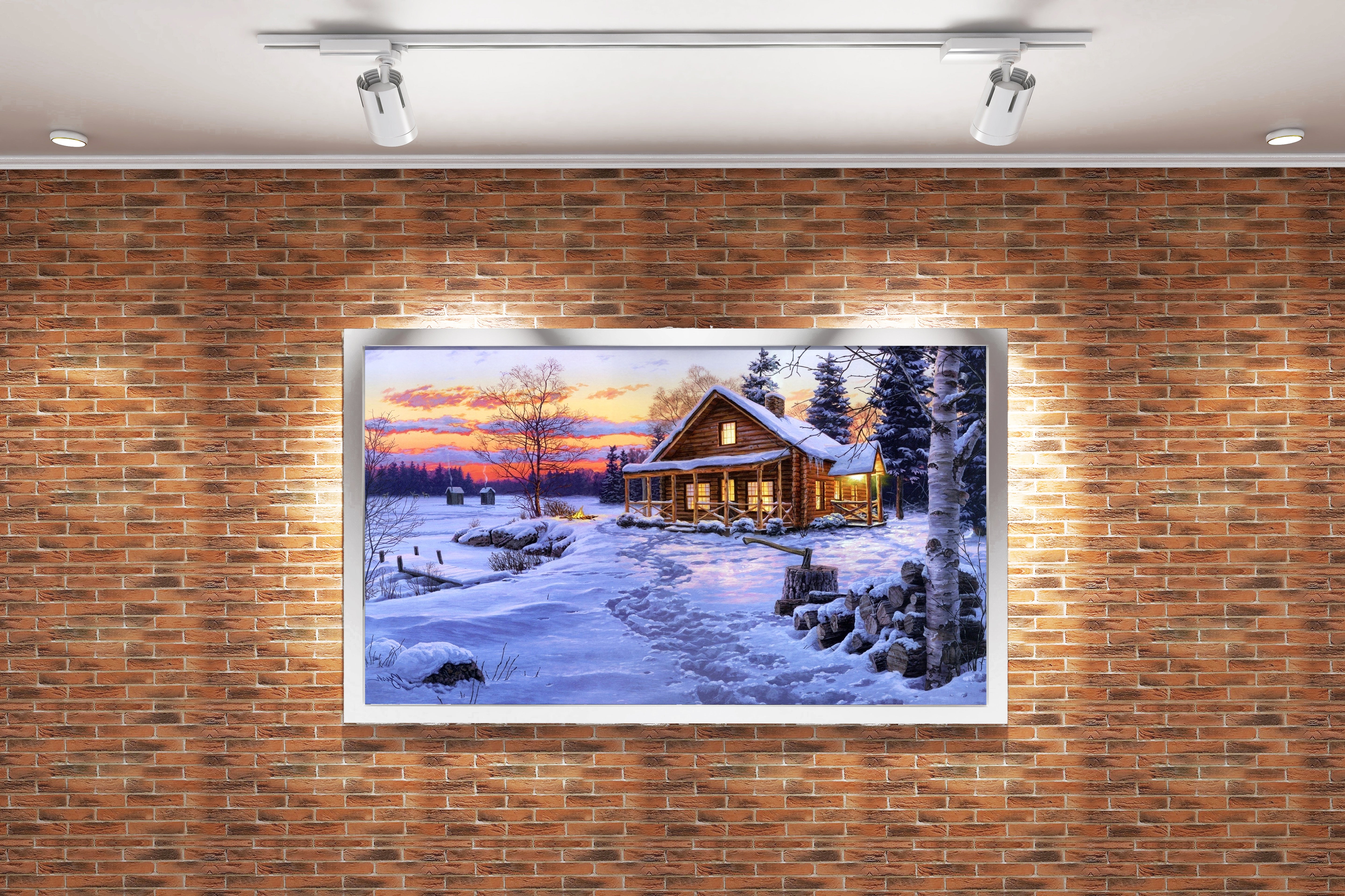 footprints in the snow lead to a cozy cabin glowing at sunset, view, art, kanvas tablo