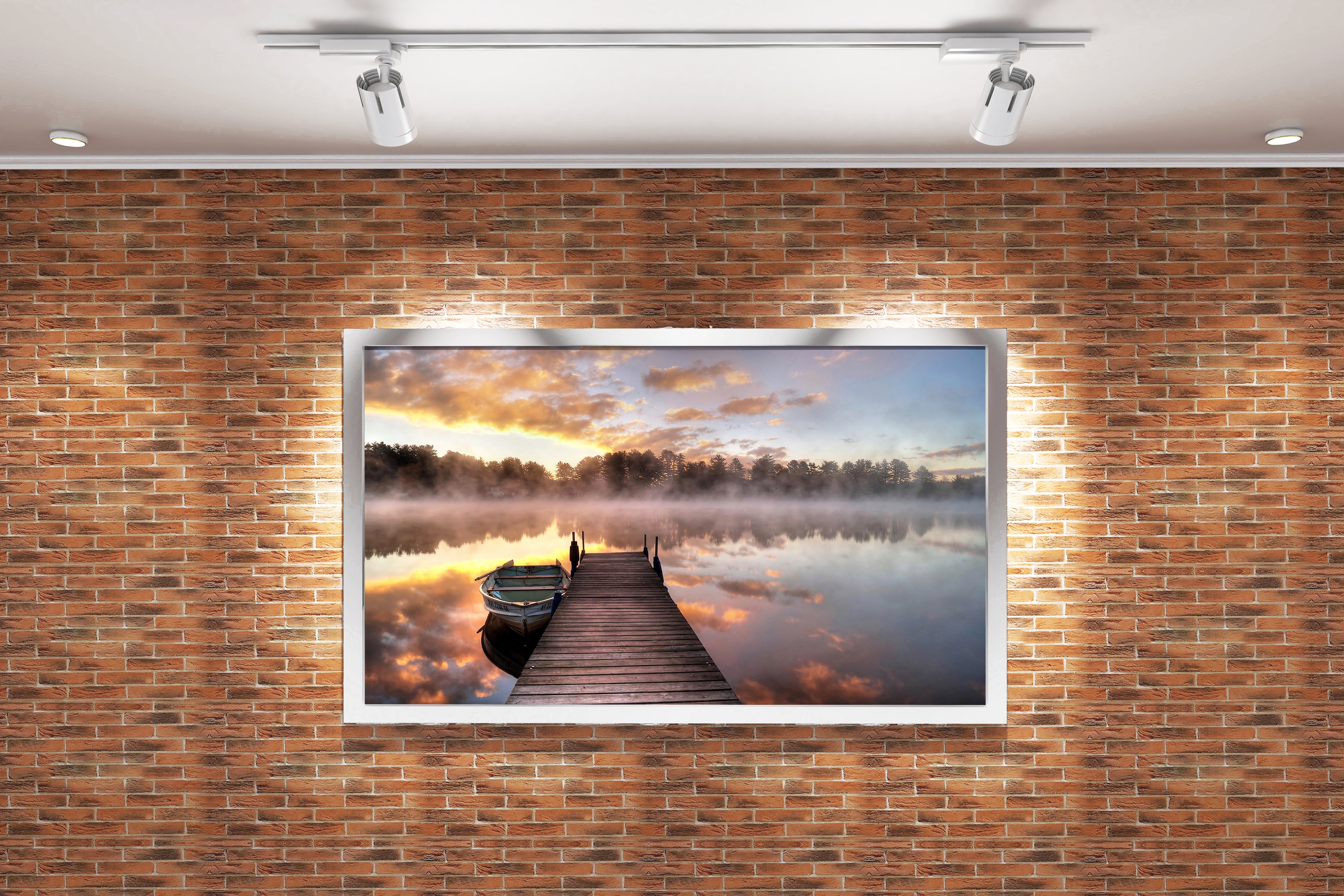 a serene, misty lake at sunrise, with a small boat tied to a pier, view, art, kanvas tablo