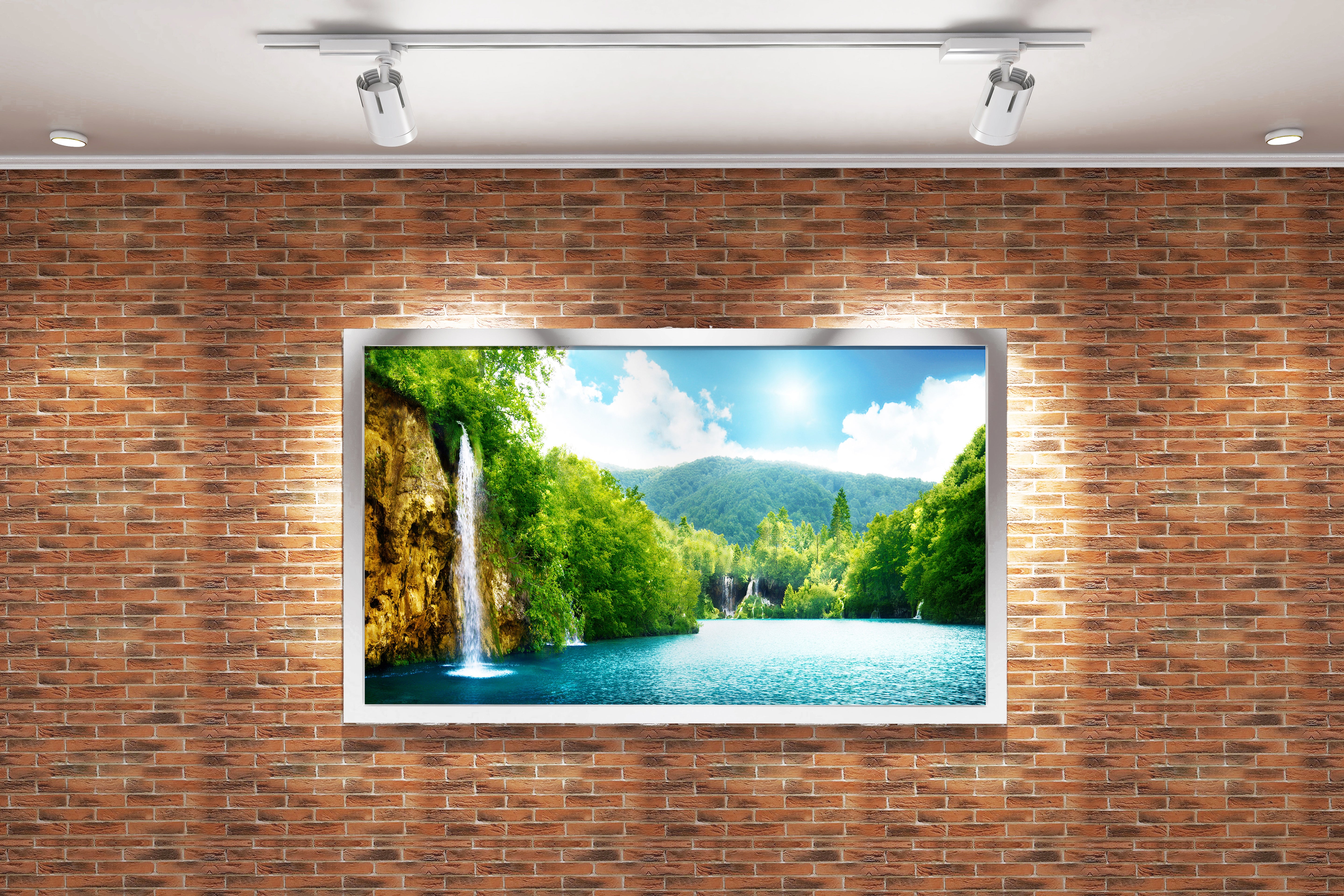 a paradise of waterfalls cascading into a vibrant turquoise lake in a lush valley, view, art, kanvas tablo