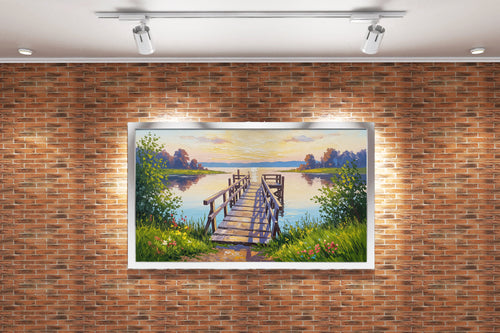 pier and nature view by the river with colorful flowers model 1, view, ai art, art, kanvas tablo