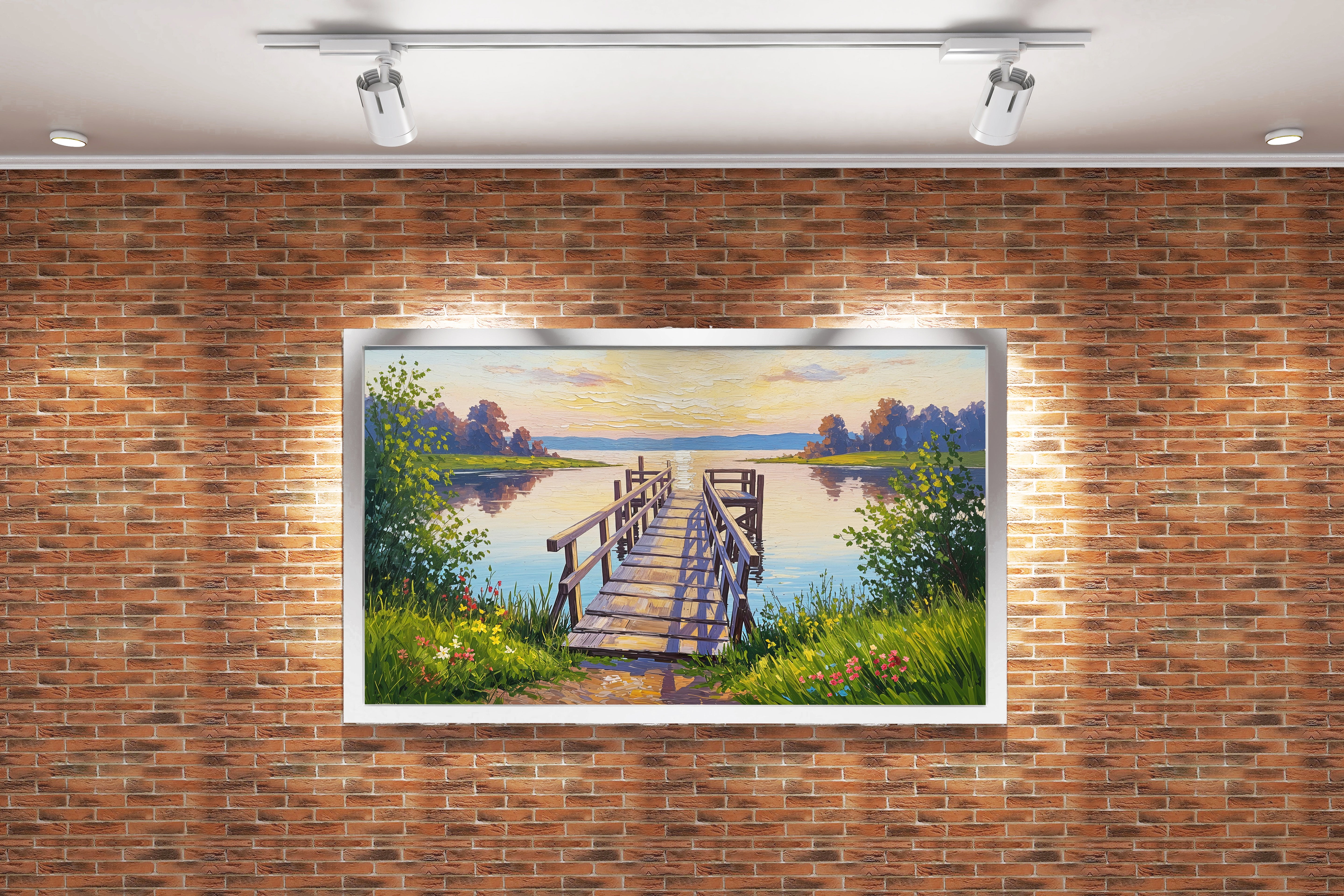 pier and nature view by the river with colorful flowers model 1, view, ai art, art, kanvas tablo
