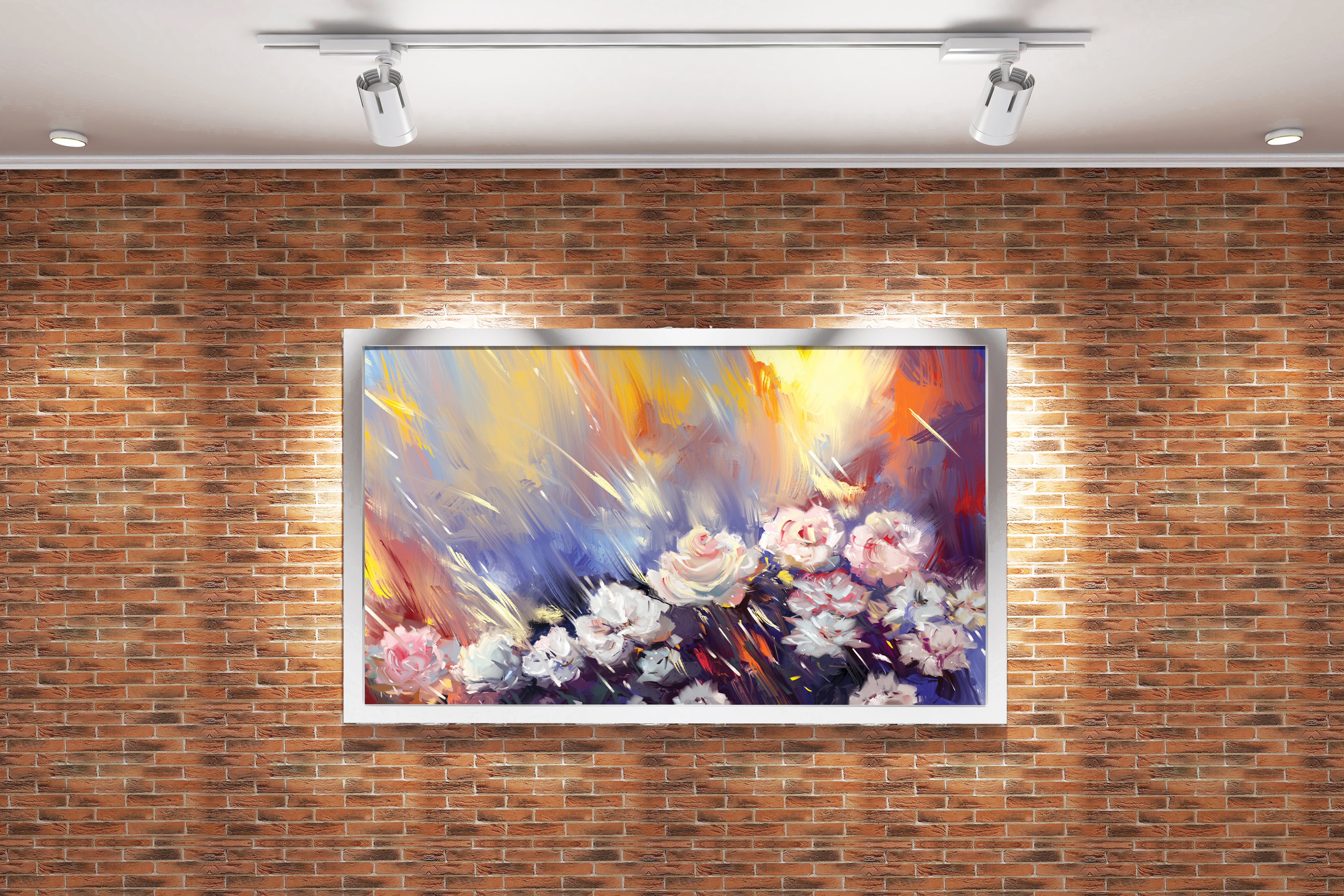 a dramatic, expressive painting of white roses with streaks of colorful light, art, kanvas tablo