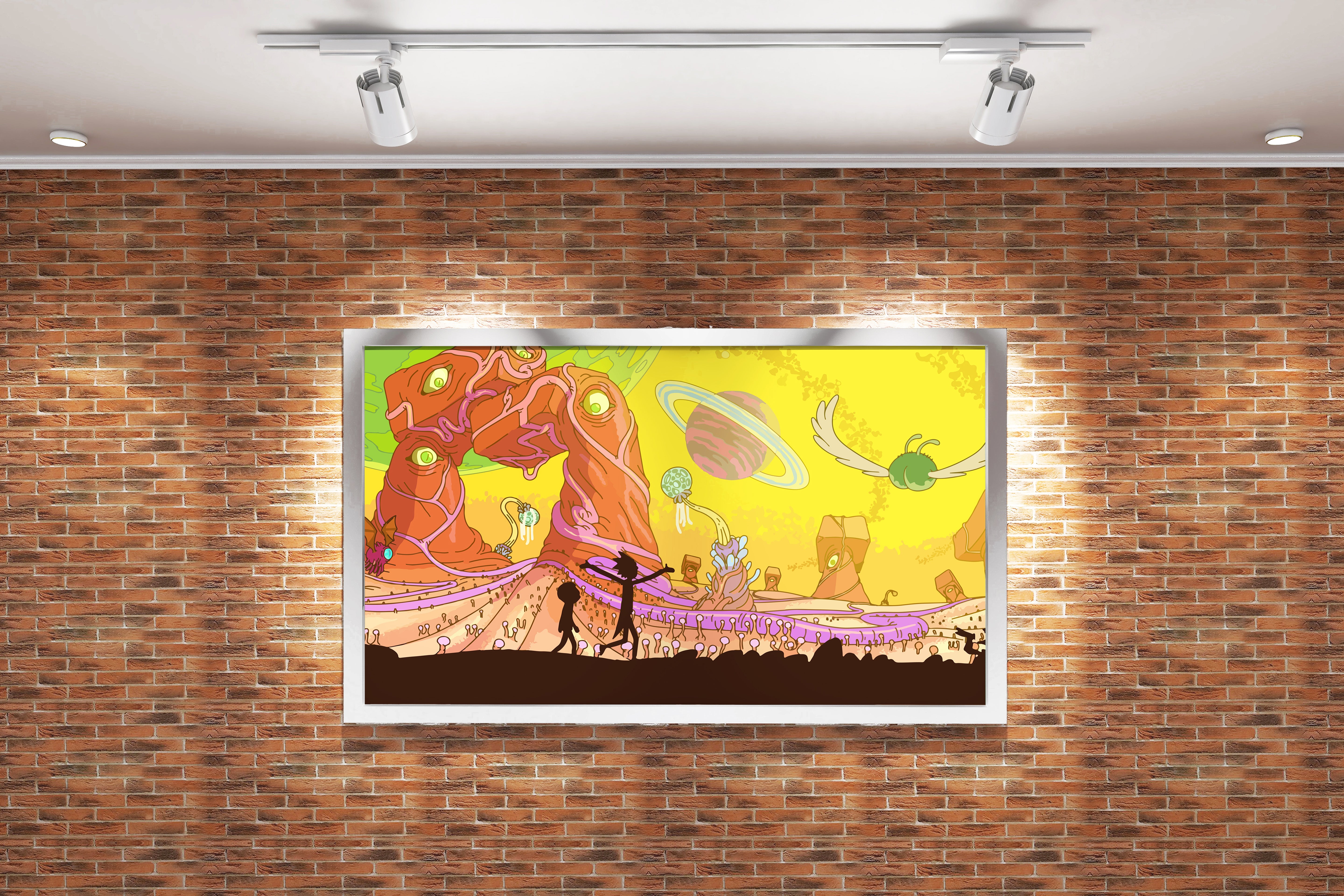 silhouettes of rick and morty exploring a vibrant, psychedelic alien world, anime, art, kanvas tablo