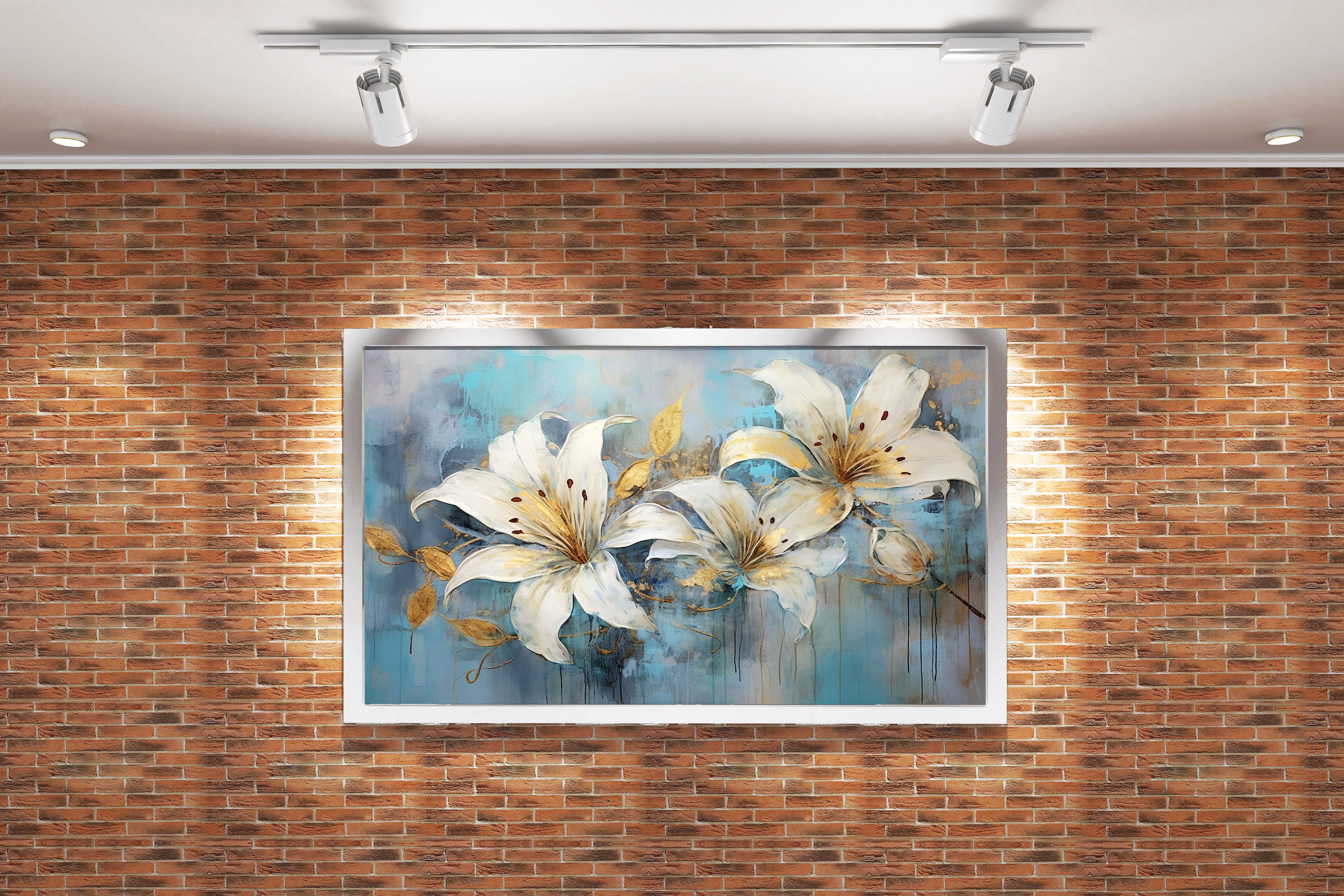 white lilies with gold leaf accents against a textured, dripping blue background, flower motif, art, kanvas tablo