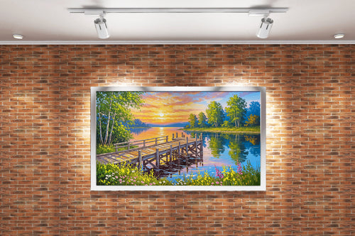 pier and nature view by the river with colorful flowers model 4, view, ai art, art, kanvas tablo