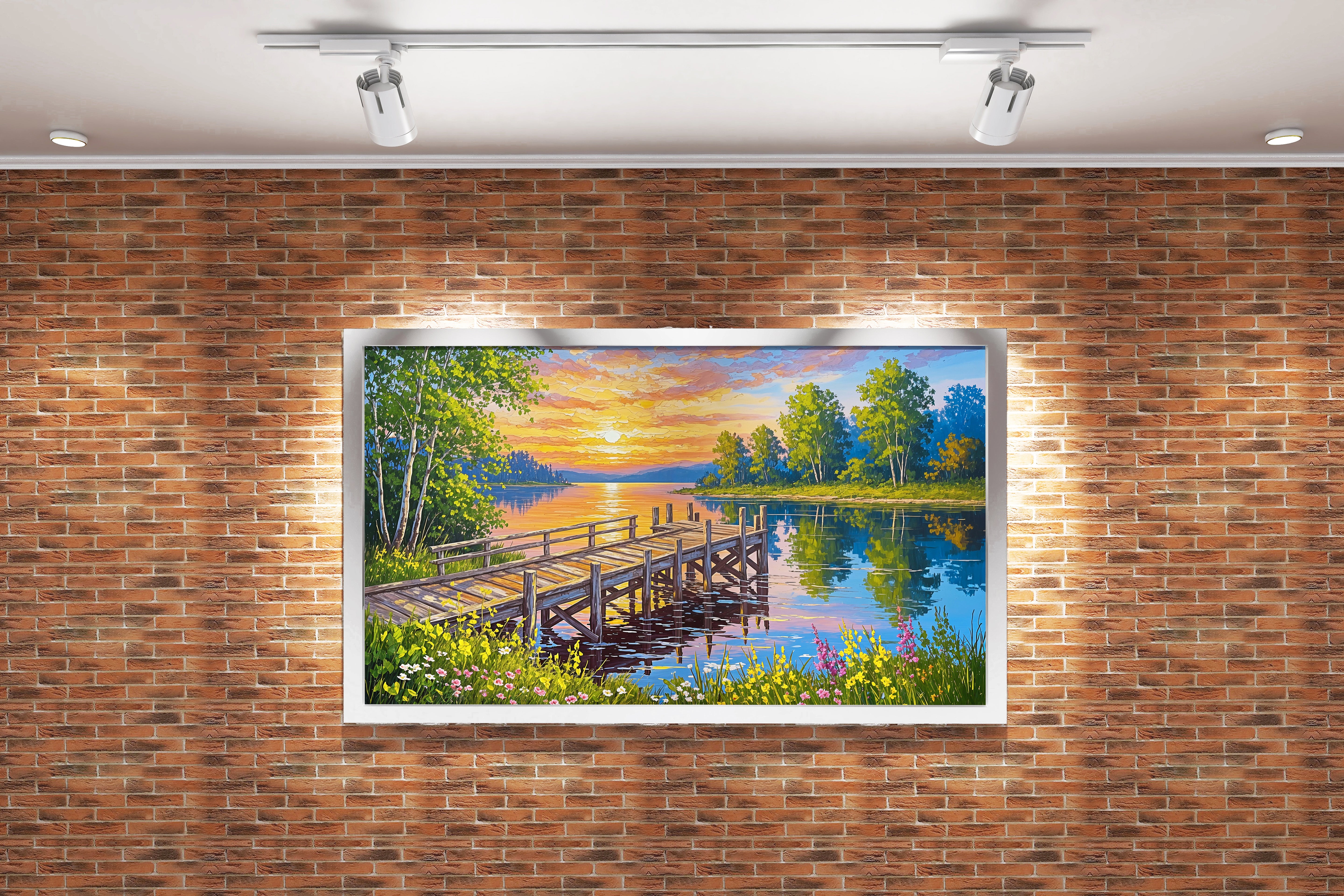 pier and nature view by the river with colorful flowers model 4, view, ai art, art, kanvas tablo