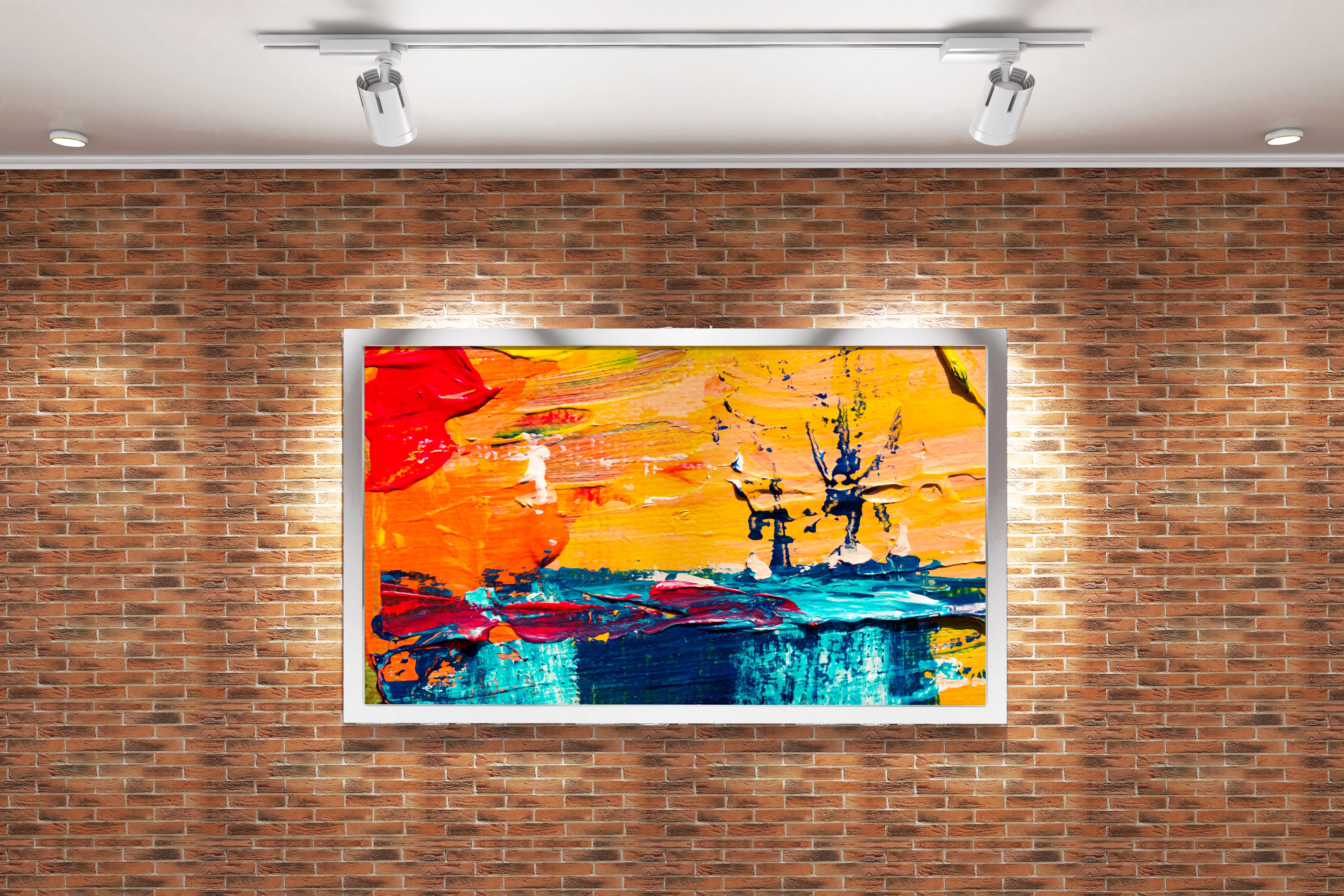a close-up of a vibrant abstract painting with thick orange and blue brushstrokes, abstract, art, kanvas tablo