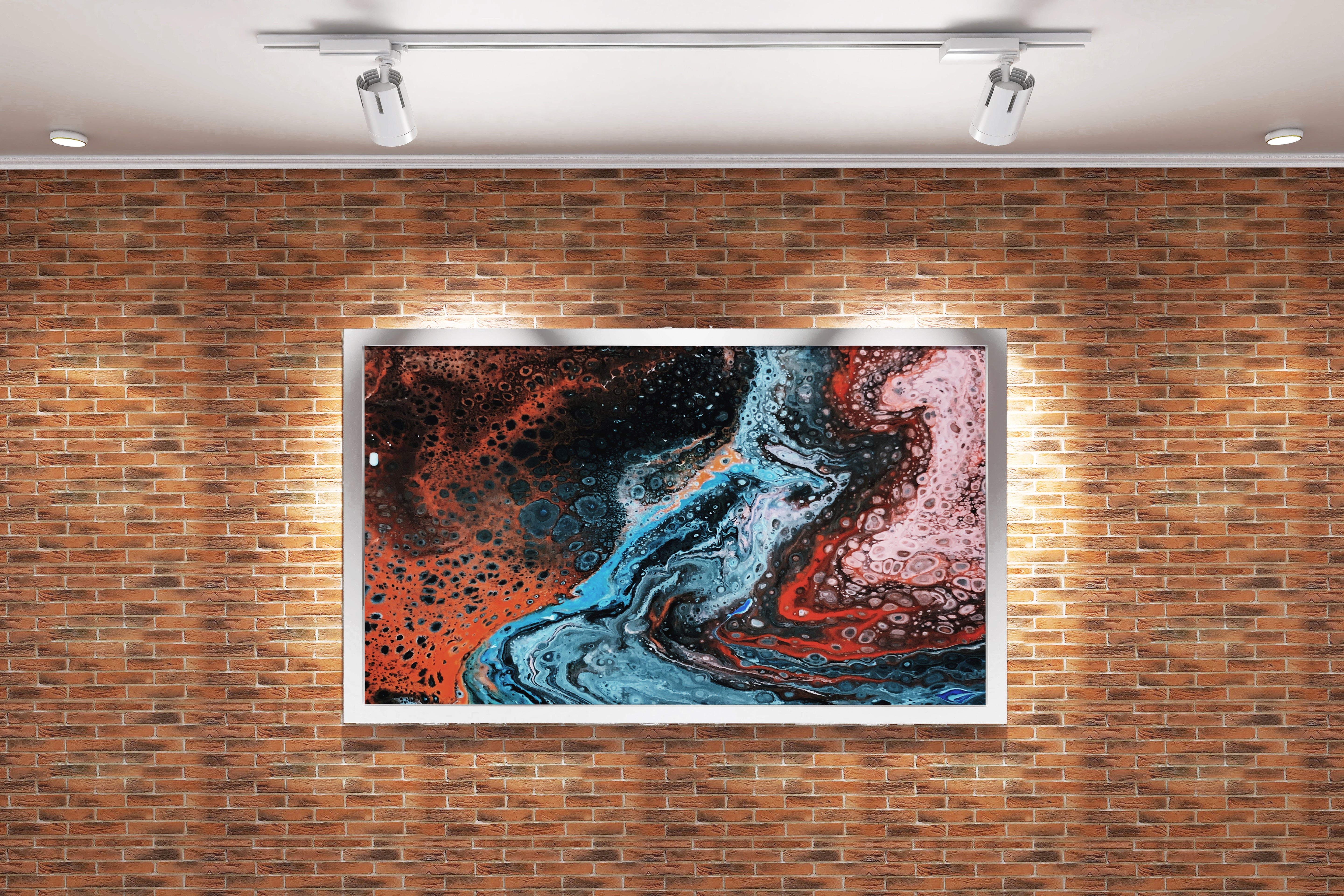a detailed fluid art painting with cellular structures in red, black and blue, abstract, art, kanvas tablo