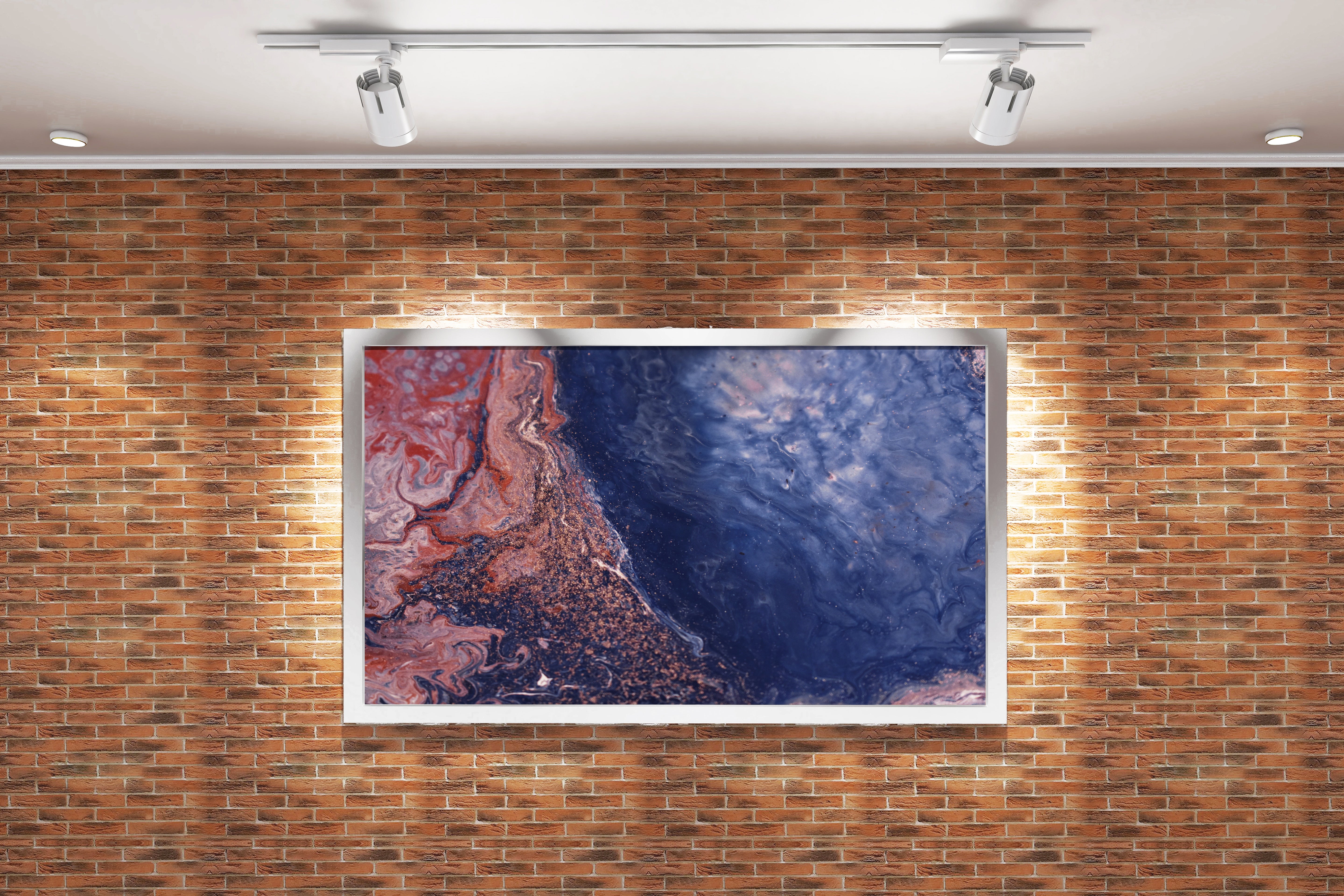 a macro view of fluid art with deep blue and sparkling terracotta red swirls, abstract, art, kanvas tablo