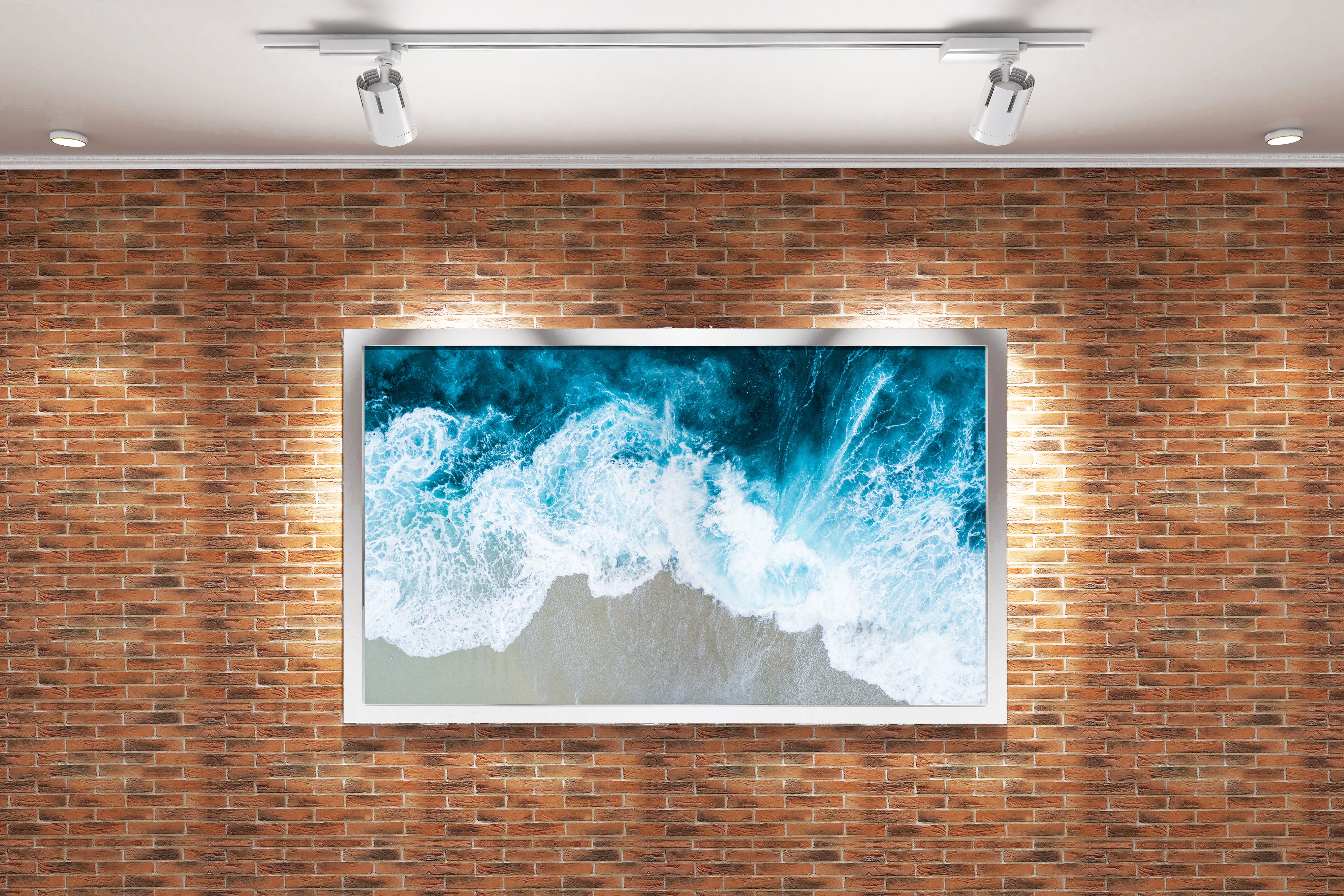 an aerial top-down view of turquoise ocean waves crashing on a sandy beach, view, art, kanvas tablo
