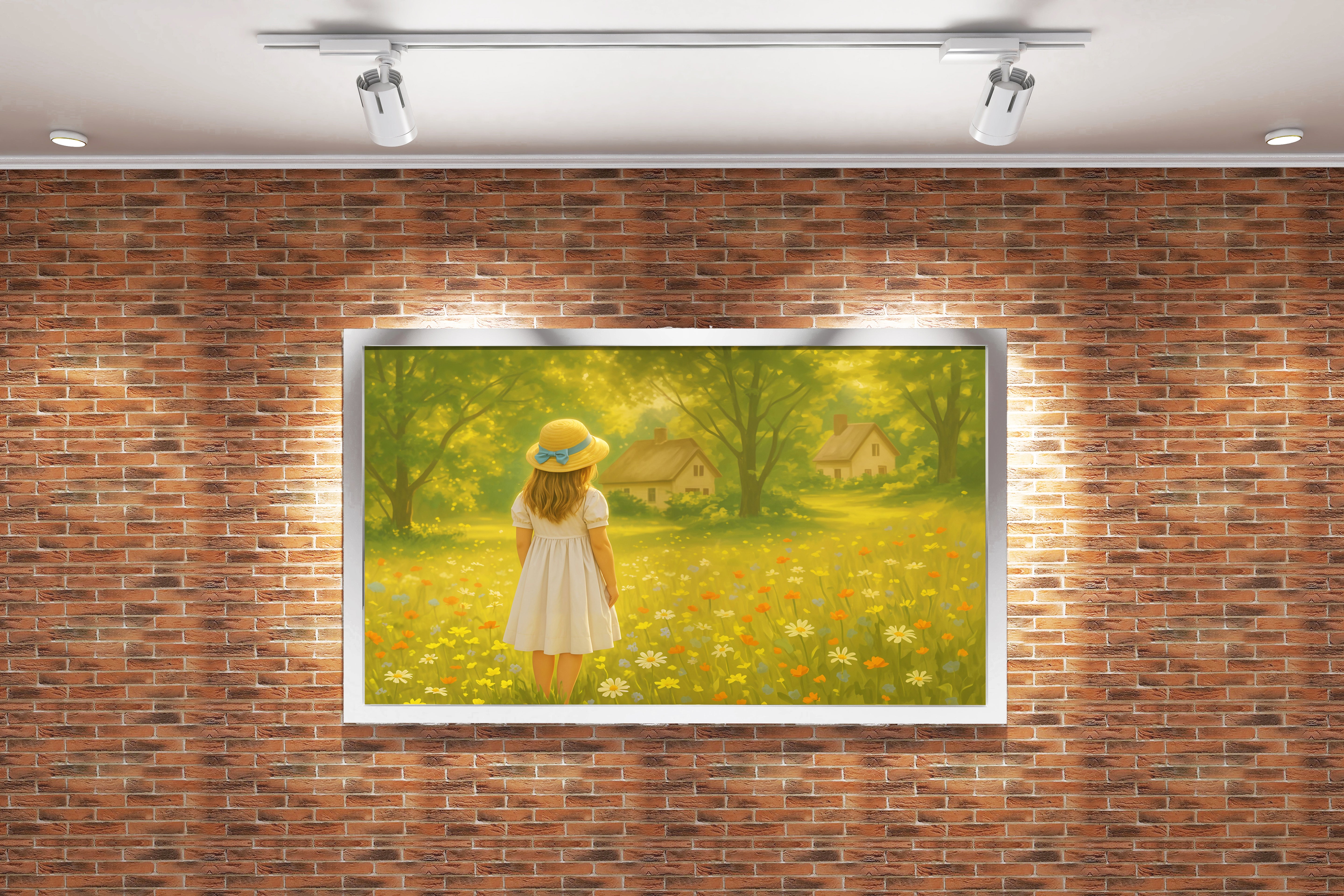 forest and small hut with flower view with little girl in a hat, view, art, kanvas tablo