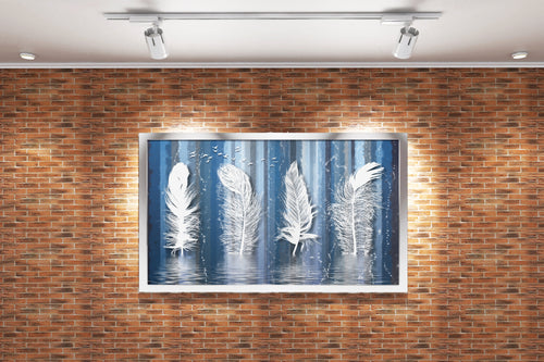 a surreal painting of giant white feathers standing like trees in the water, art, kanvas tablo