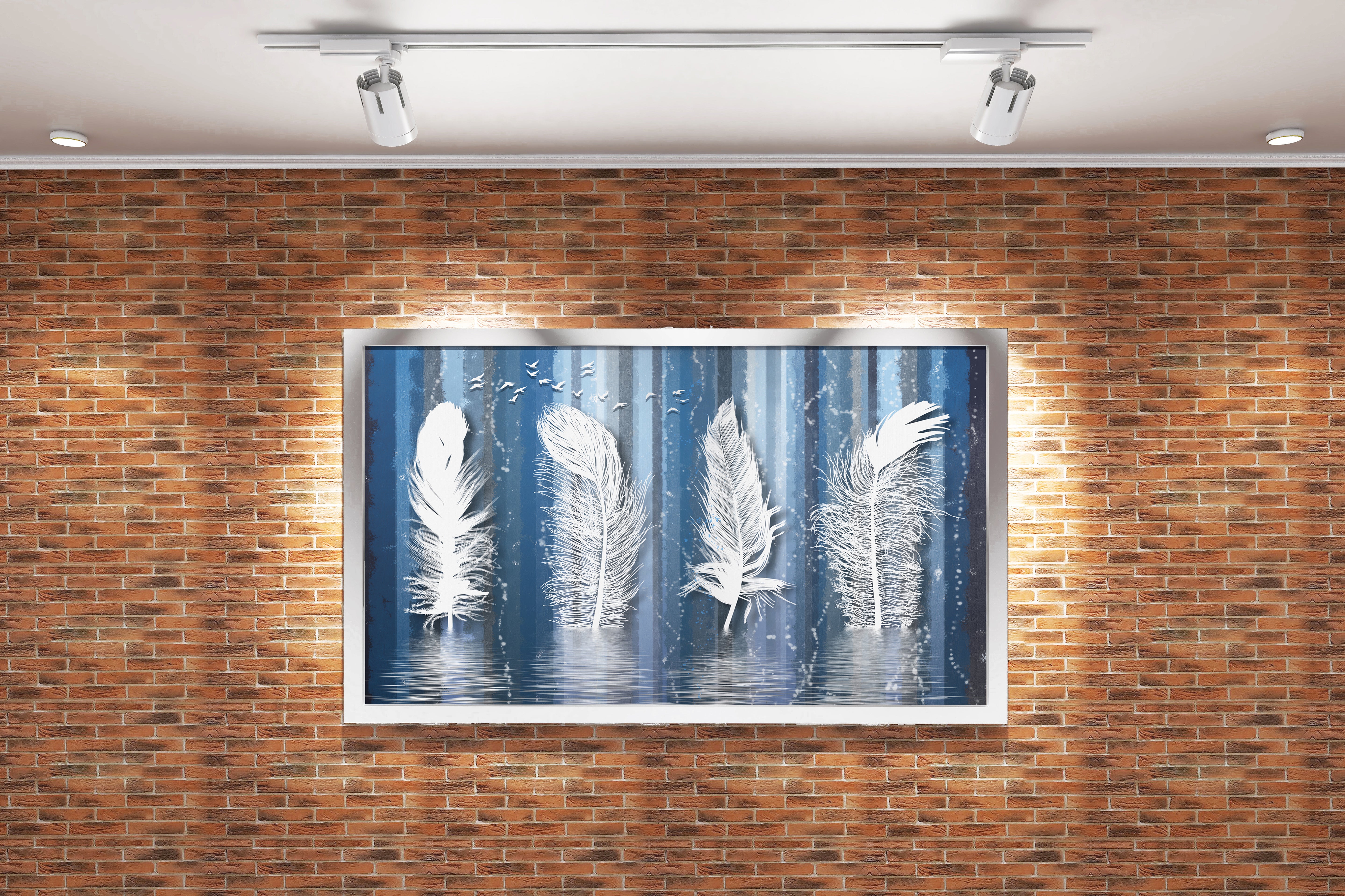 a surreal painting of giant white feathers standing like trees in the water, art, kanvas tablo