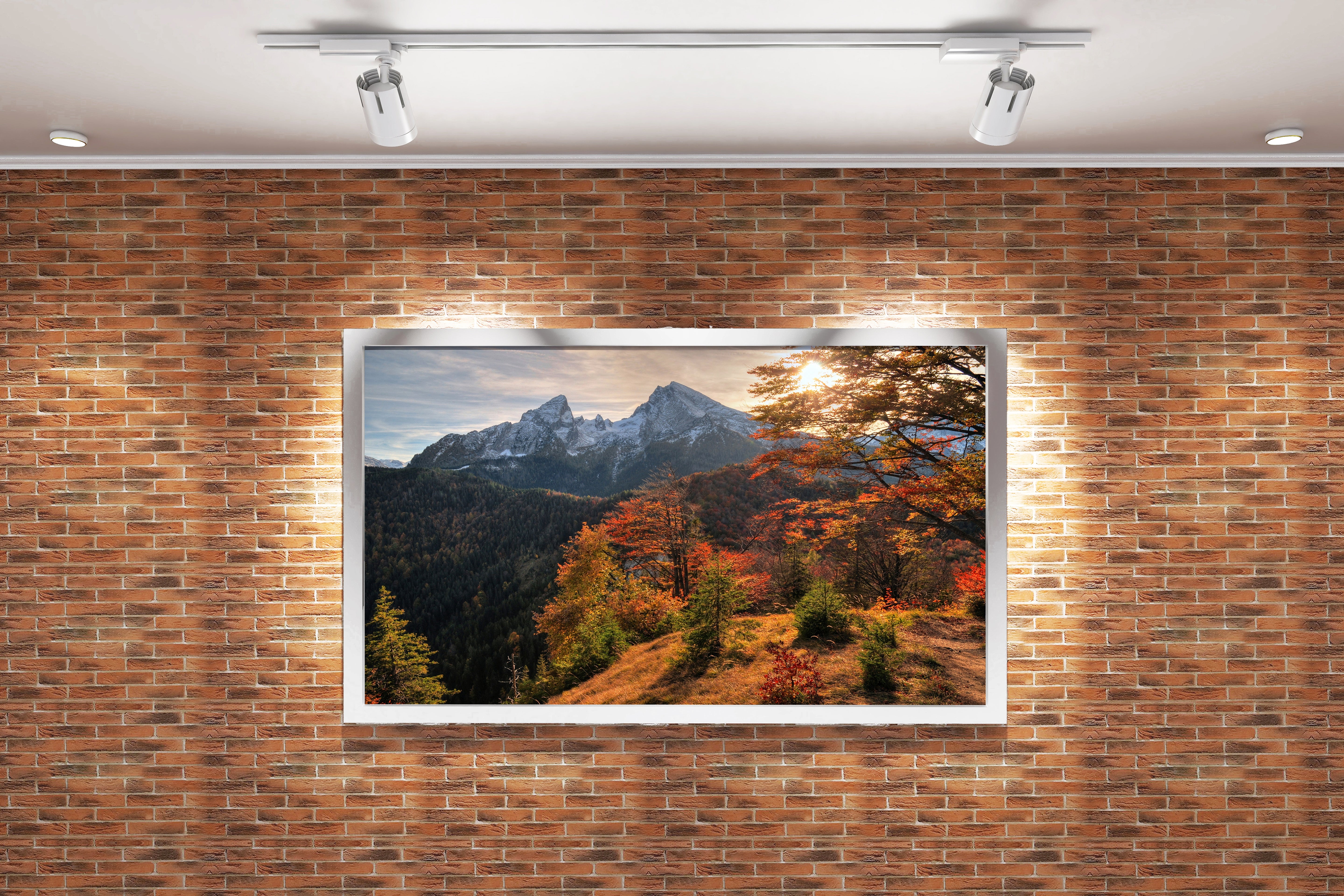 a majestic snow-capped mountain peak rising above a vibrant autumn forest, view, art, kanvas tablo