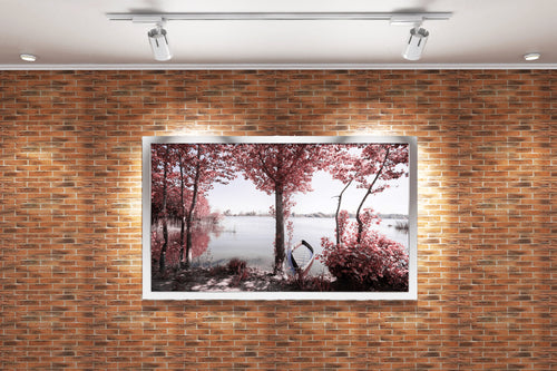 a serene and surreal lake with pink-leafed trees and a small boat, view, art, kanvas tablo