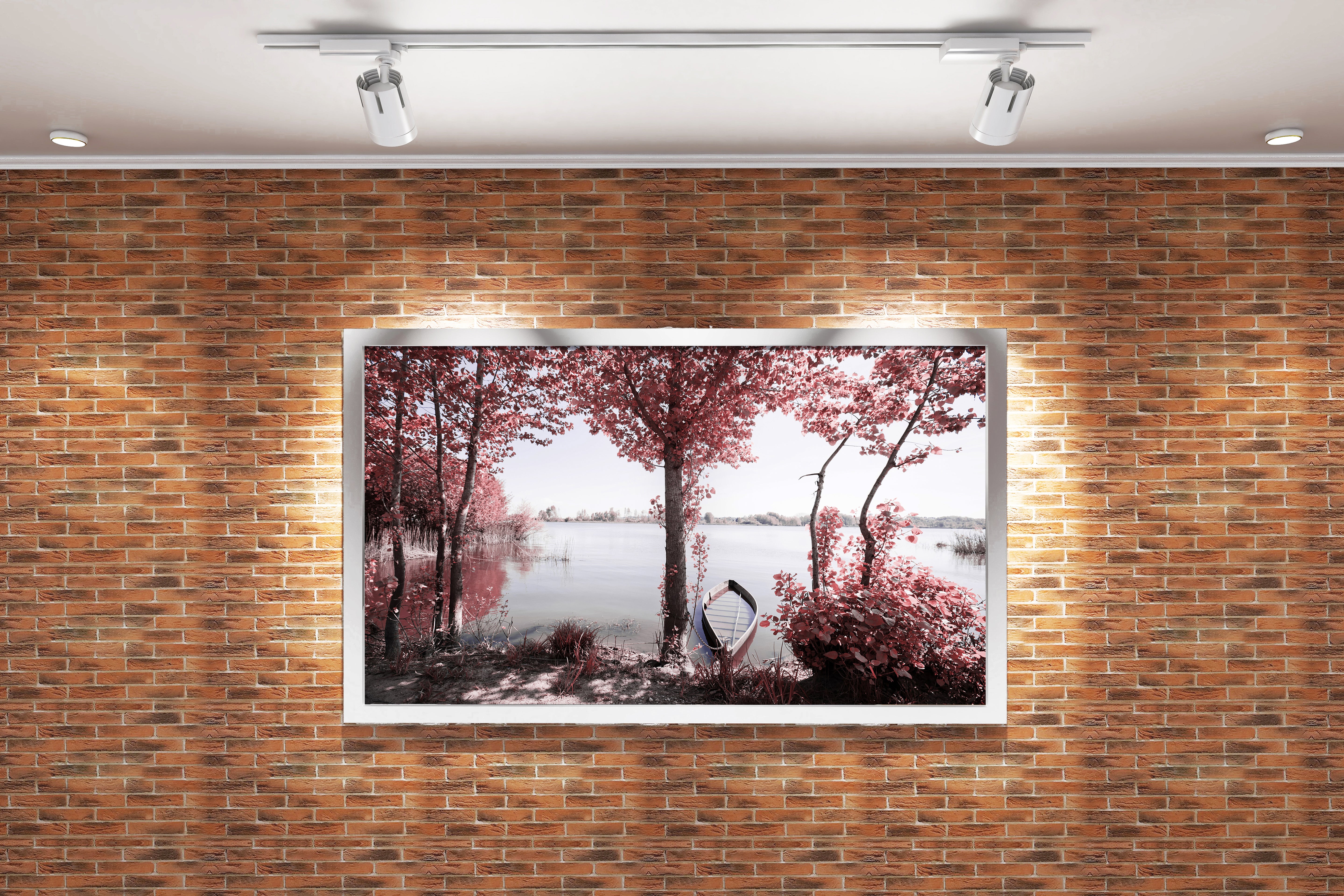 a serene and surreal lake with pink-leafed trees and a small boat, view, art, kanvas tablo