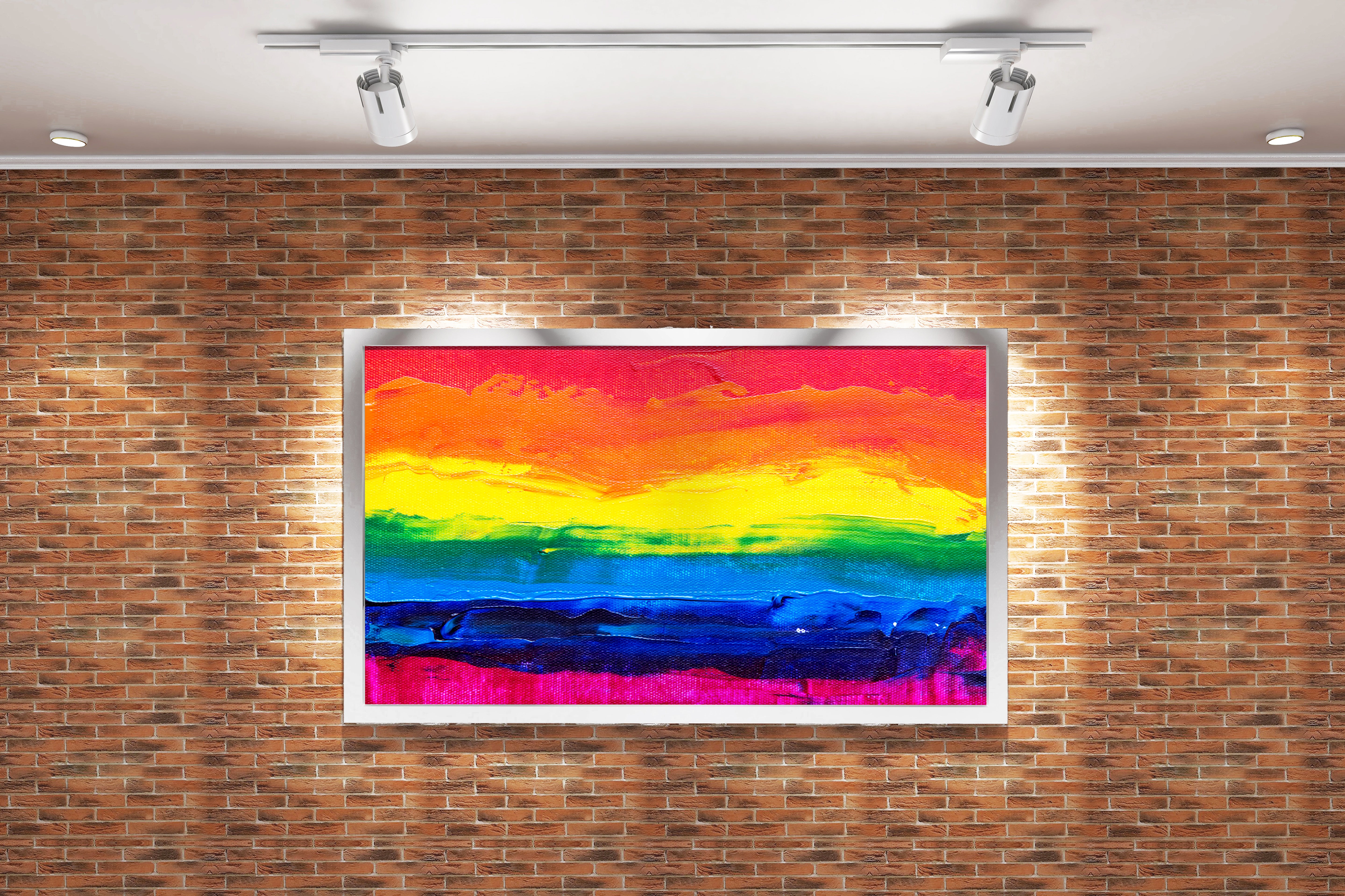 a close-up of a thickly painted rainbow flag on a textured canvas background, abstract, art, kanvas tablo