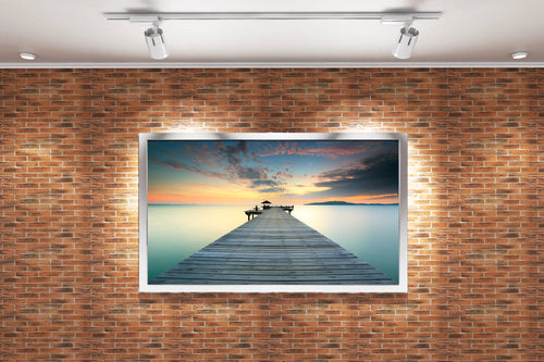 a serene long exposure of a wooden pier over a glassy sea at sunset, view, art, kanvas tablo