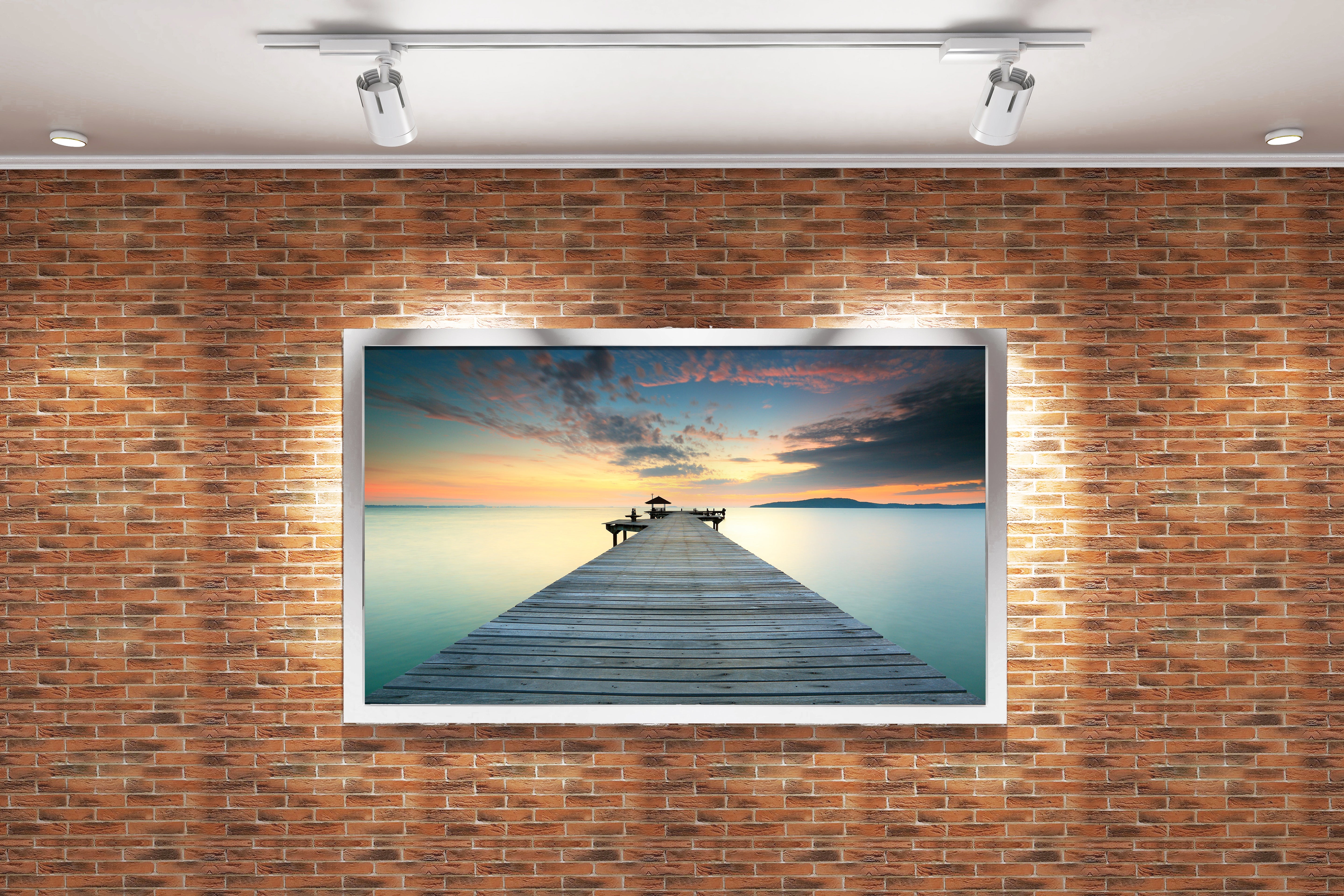 a serene long exposure of a wooden pier over a glassy sea at sunset, view, art, kanvas tablo