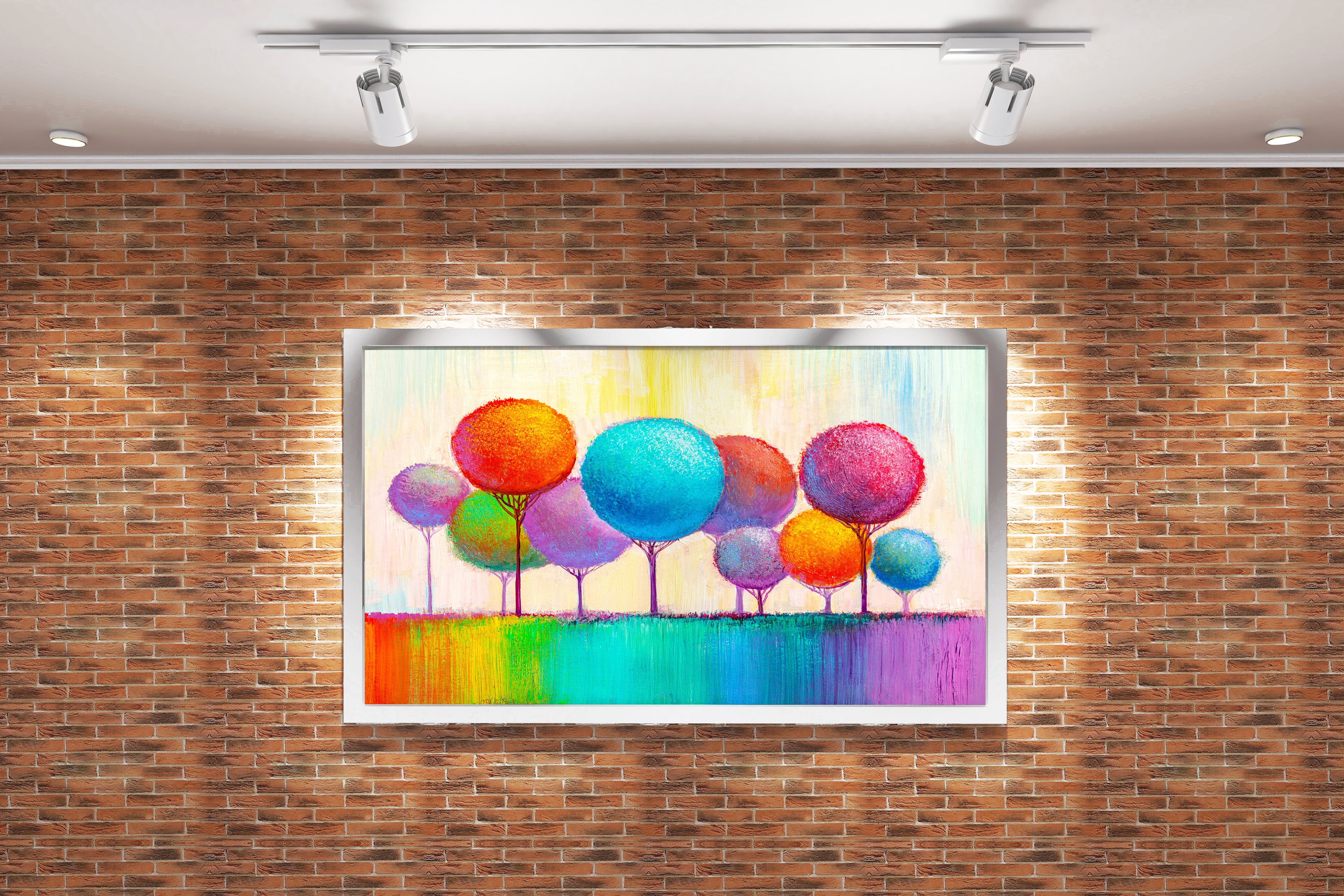 a whimsical, textured painting of colorful lollipop trees on a rainbow ground, view, art, kanvas tablo
