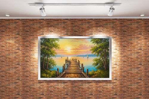 pier and nature view by the river with colorful flowers model 3, view, ai art, art, kanvas tablo