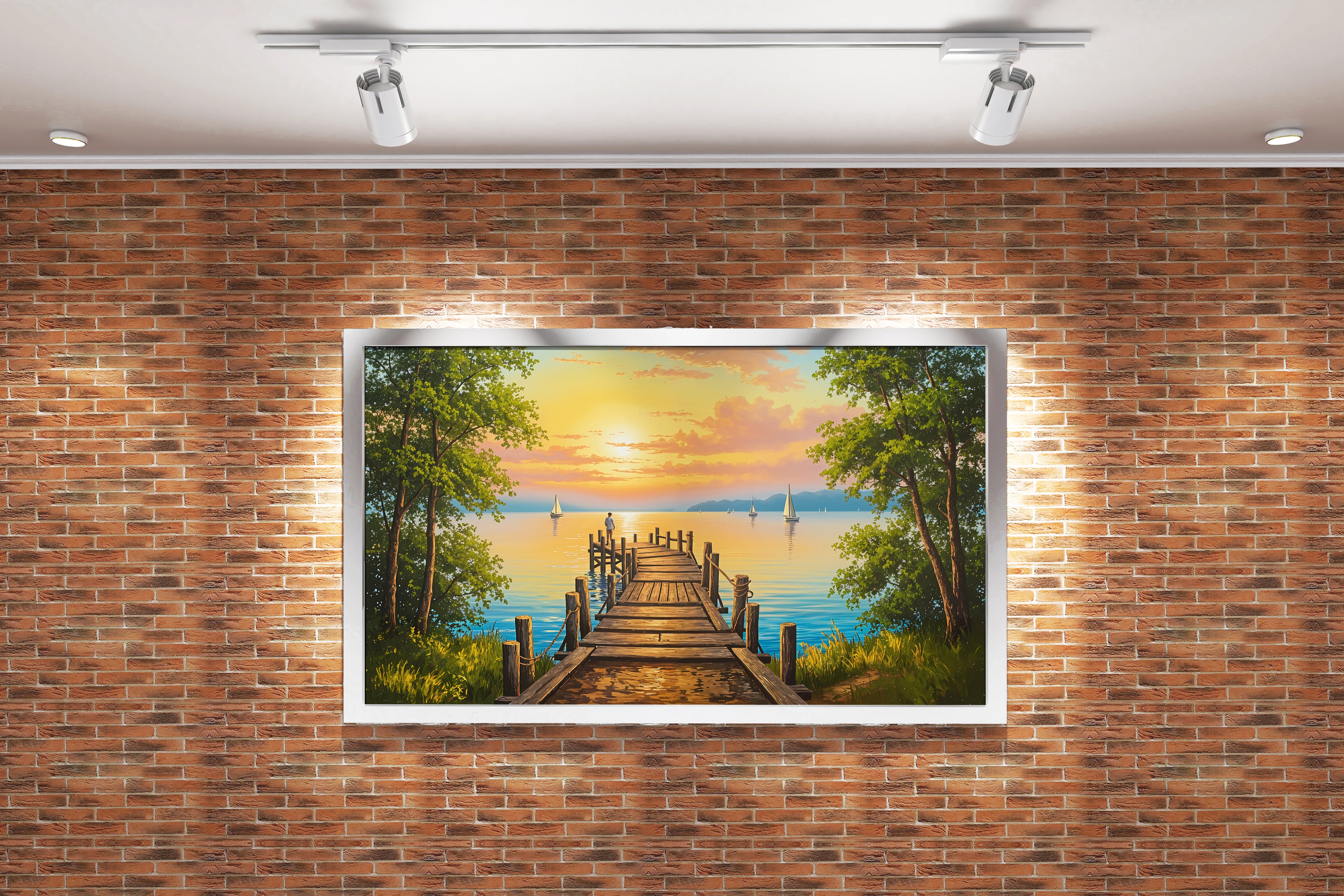 pier and nature view by the river with colorful flowers model 3, view, ai art, art, kanvas tablo
