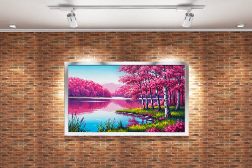 pink themed forest and river, view, art, kanvas tablo