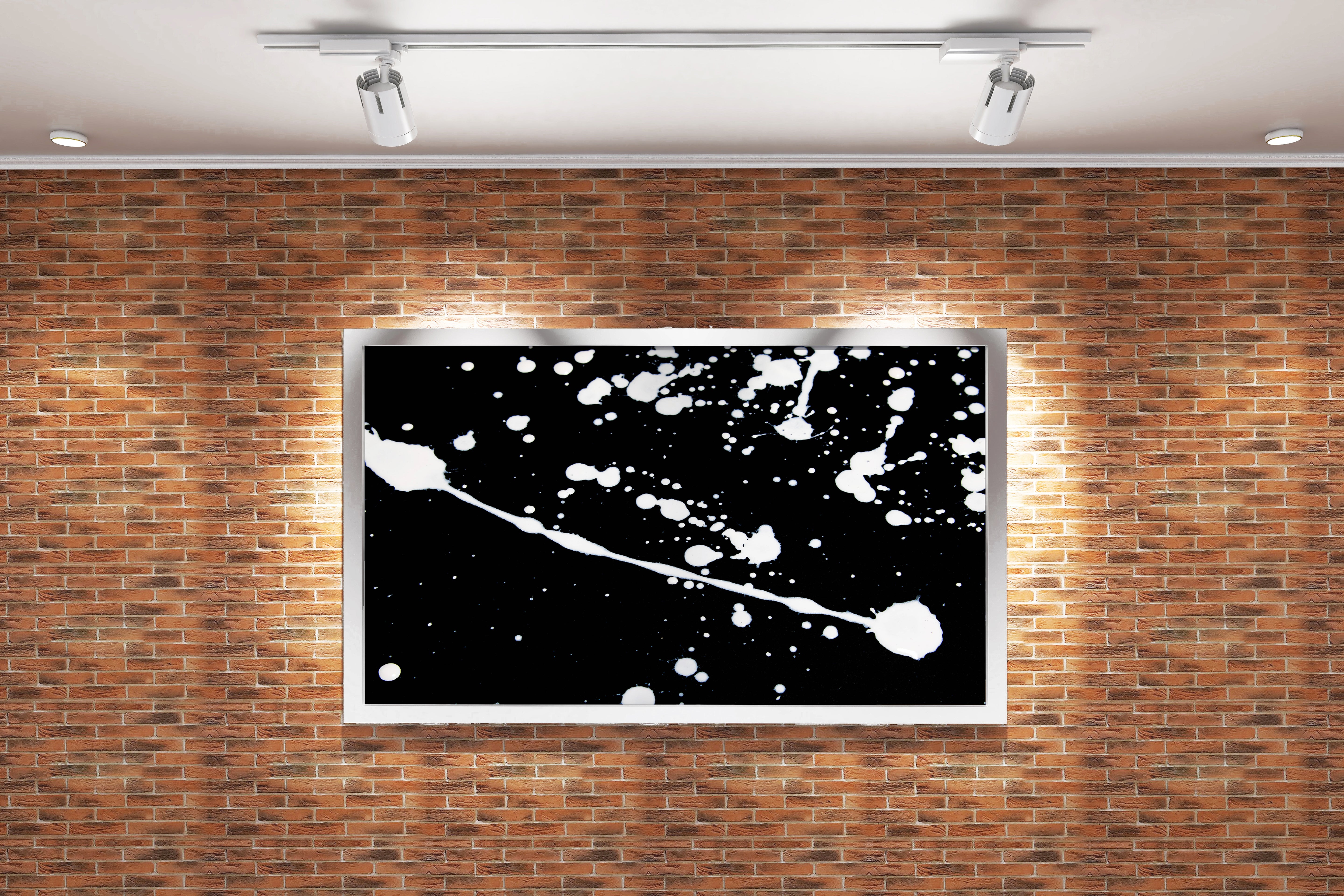 a minimalist abstract artwork with dynamic white paint splatters on a black background, abstract, art, kanvas tablo