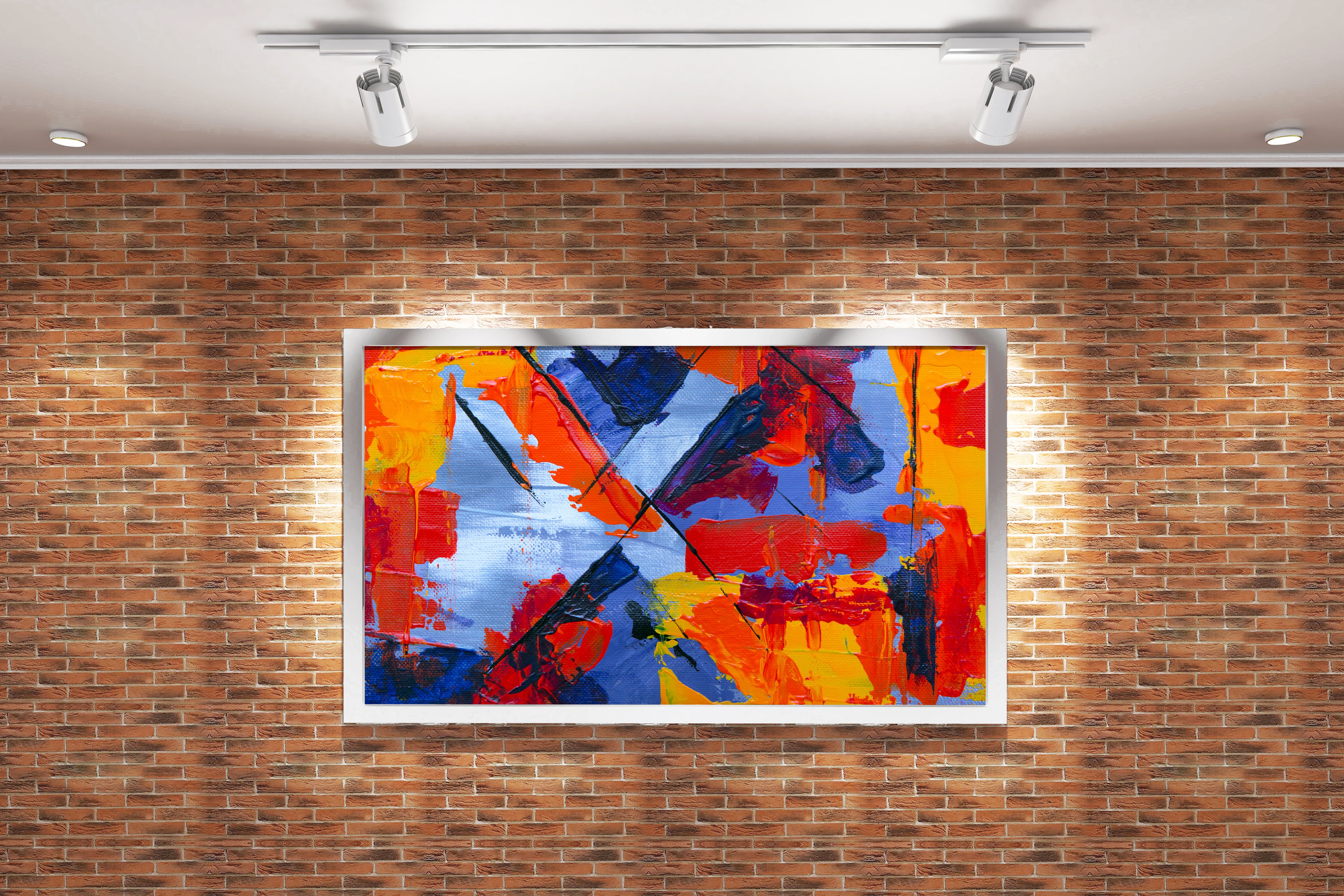 an abstract painting on canvas with clashing diagonal lines and vibrant primary colors, abstract, art, kanvas tablo
