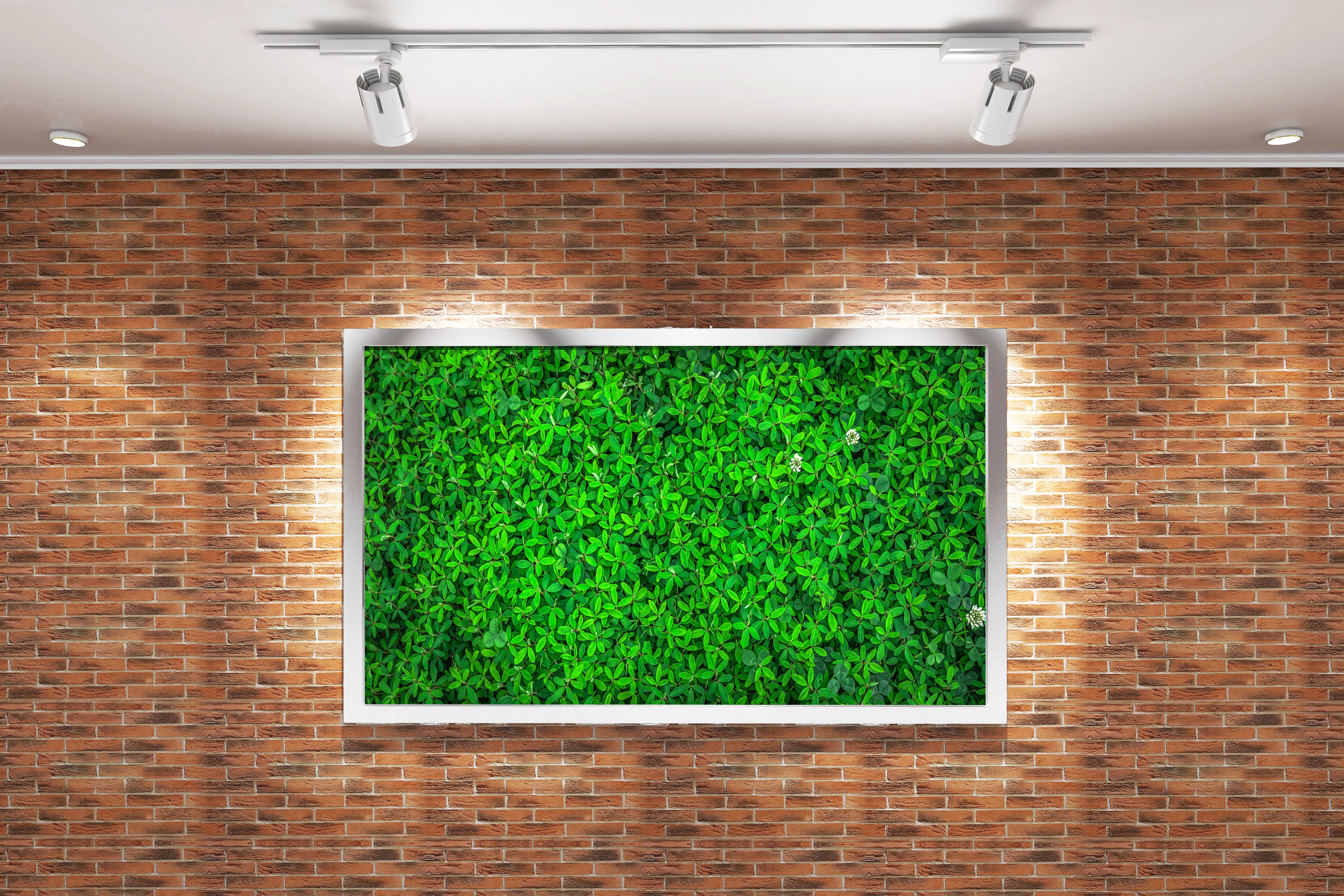 a top-down view of a dense carpet of vibrant green leaves and flowers, view, art, kanvas tablo