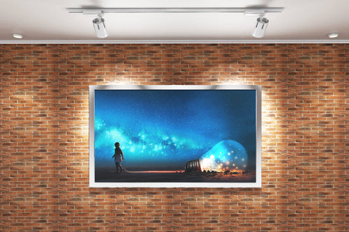 a child pulling a giant lightbulb full of stars across a starry landscape, ai art, art, kanvas tablo