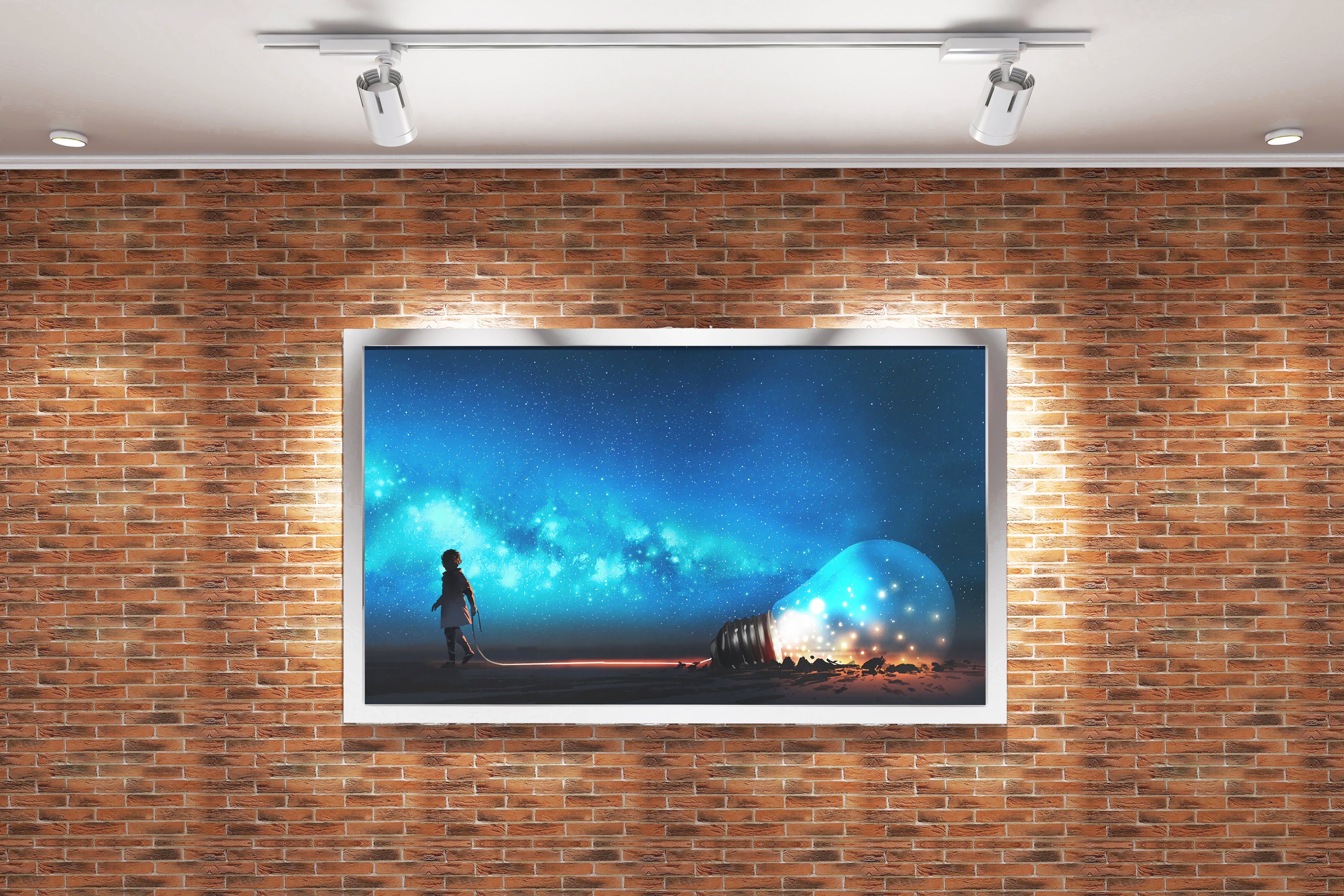 a child pulling a giant lightbulb full of stars across a starry landscape, ai art, art, kanvas tablo